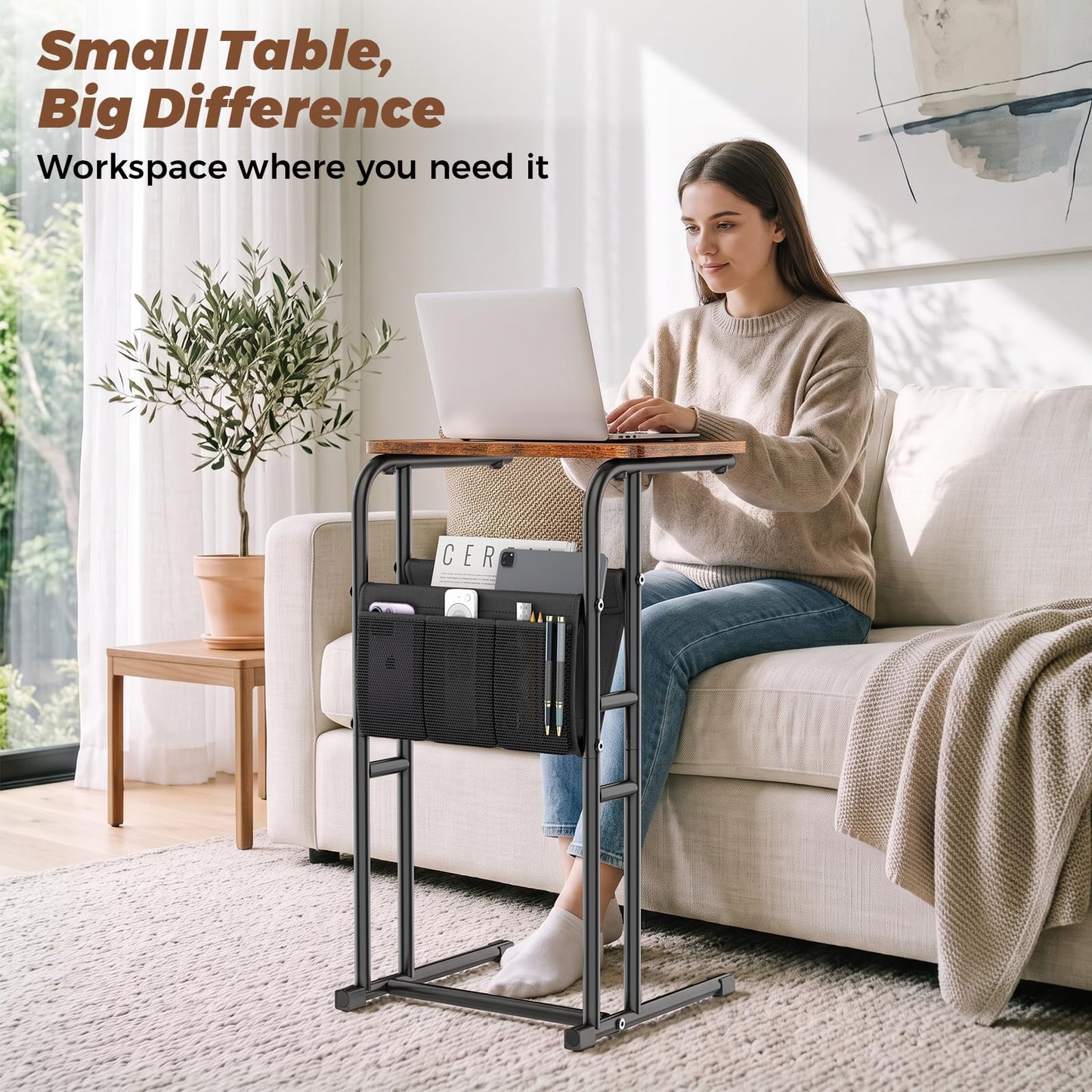 Olldide C-Shaped End Table with Storage Bag, Slide Under Couch Sofa Side Table, Metal Frame for Living Room, Bedroom, Bedside, Small Space (Rustic Brown)
