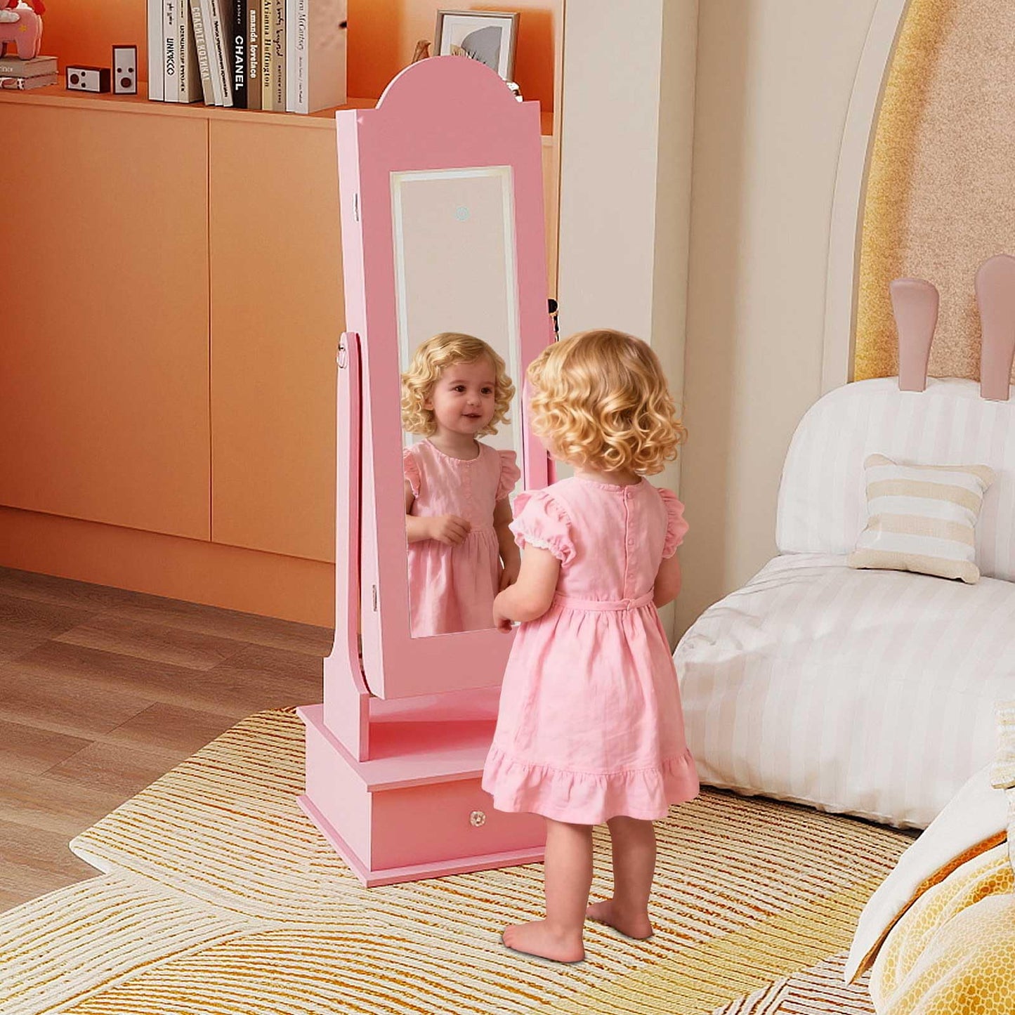 INFANS Kids Jewelry Armoire Cabinet with LED Lights, Lockable Standing Organizer with Full-length Mirror, Unicorn Theme Children Vanity Dress Up Storage Rack for Girls