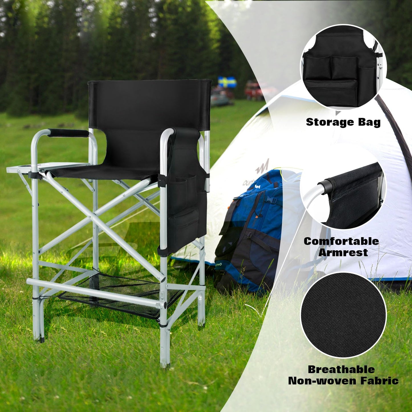 GDGYOFN Makeup Chair for Makeup Artist 45.6'', Tall Directors Chairs Foldable for Clients with Side Table Cup Holder Storage Bag and Footrest, Folding Chair 400lbs Capacity Black