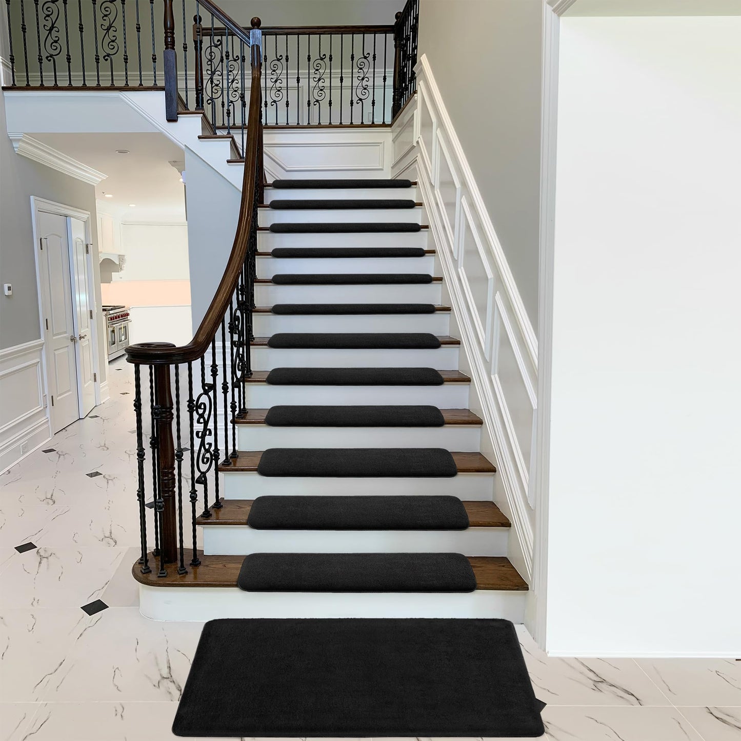 PURE ERA Carpet Stair Treads Ultra Plush 9.5" X 30"Soft Bullnose Indoor Stair Protectors Pet-Friendly Non-Slip Skid Resistant Tape Free Washable Reusable(2 Pieces,Black)