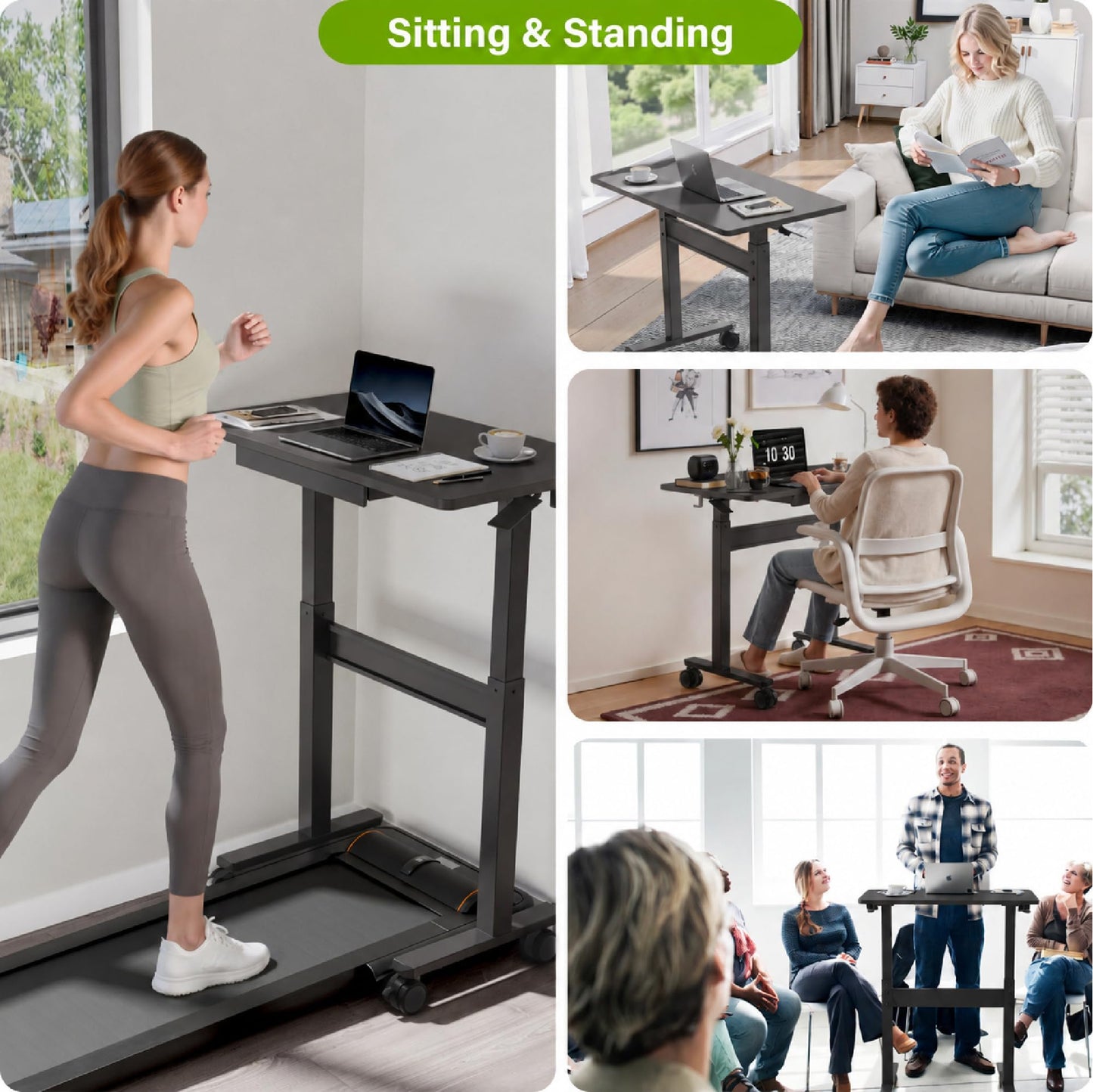 DAWNYIELD Standing Desk for Walking Pad with Wheels, Pneumatic Cordless Height Adjustable Rolling Desk, Mobile Computer Workstation with Drawer Hook Locking Casters for Treadmill & Home Office, Black