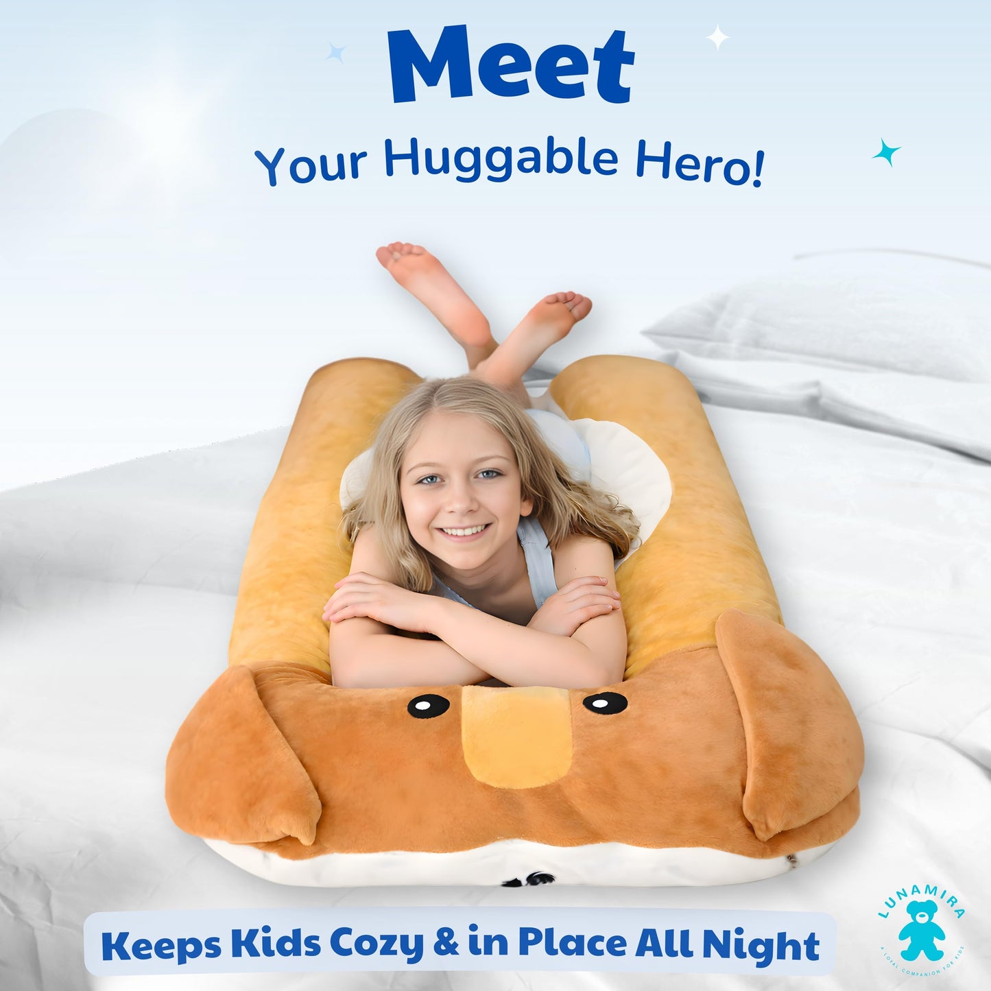 LUNAMIRA Dog Kids Body Pillow - 47" U-Shape Long Plush Soft Animal Pillow for Sleeping, Reading, ADHD & Special Needs Comfort, Anxiety, Washable Cover, Snuggle Fun Cuddle Pillow for Boys & Girls