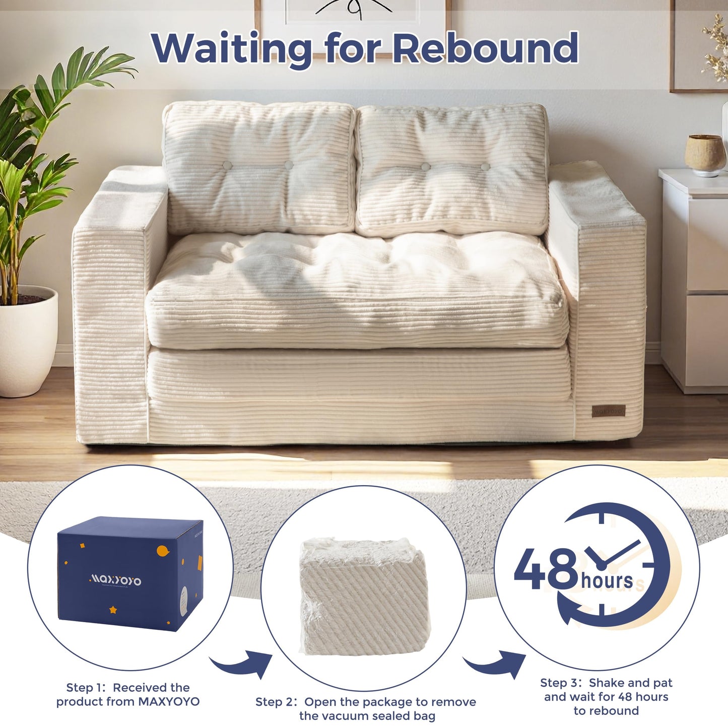 MAXYOYO Convertible Sofa Bed, Pull Out Loveseat Sofa Couch, Fold Out Floor Couch with Pillows for Living Room Bedroom Lounge, Beige