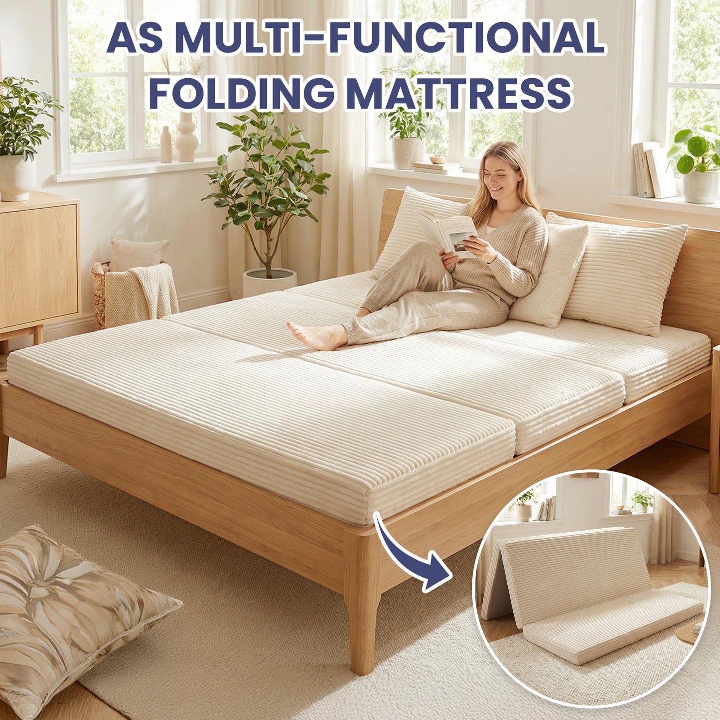 Winzoo Convertible Sofa Bed, 4-in-1 Boneless Loveseat with Removable Armrests Backrest, Corduroy Futon Couch Bed with Pillow, Foldable Mattress Sleeper Sofa for Living Room Bedroom Small Place (Beige)