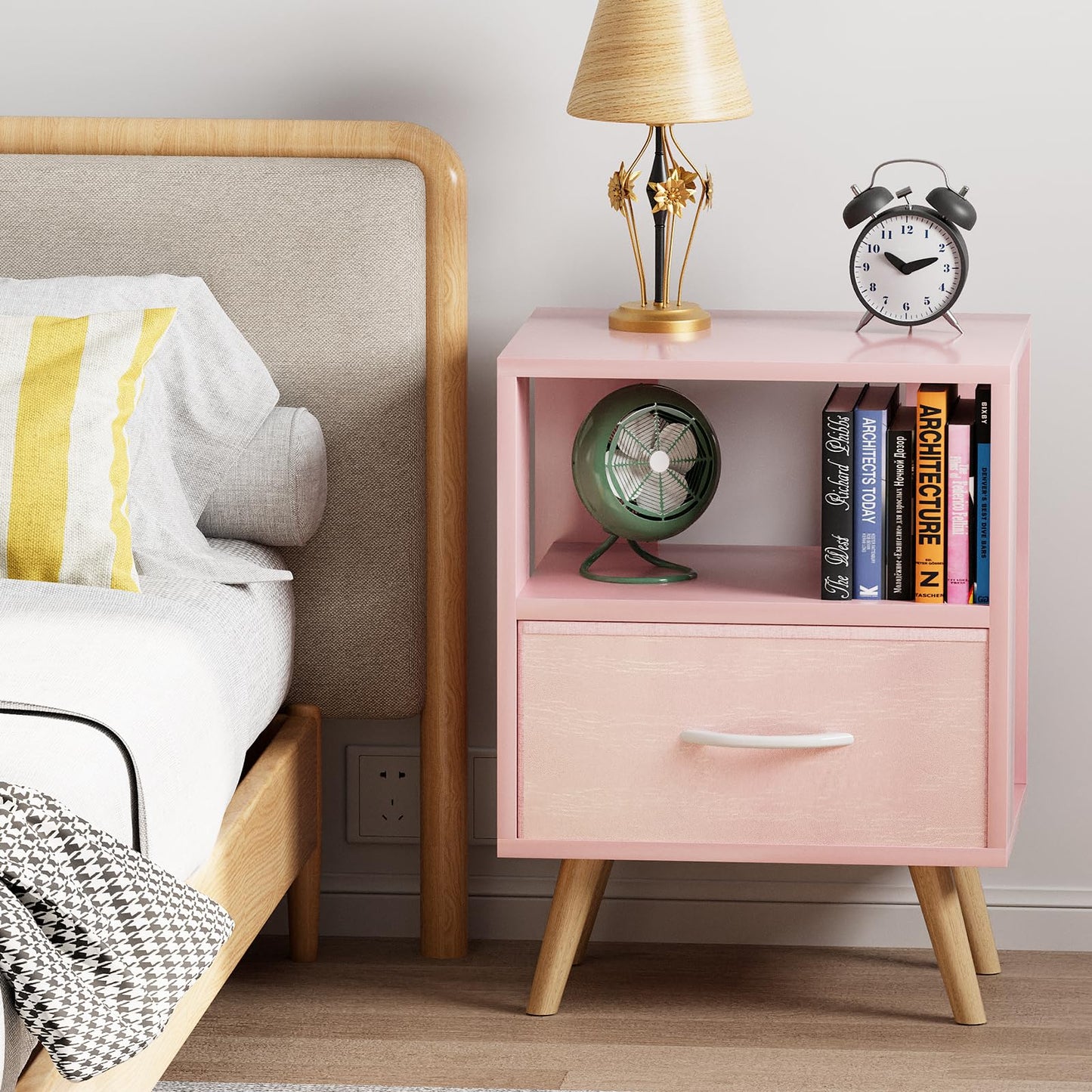 Aenuert Night Stand, Pink Kids Nightstand with Drawer, Nursery Side Table with Open Storage, 2-Tier Modern End Table, Bedside Table for Small Space, Living Room, Bedroom