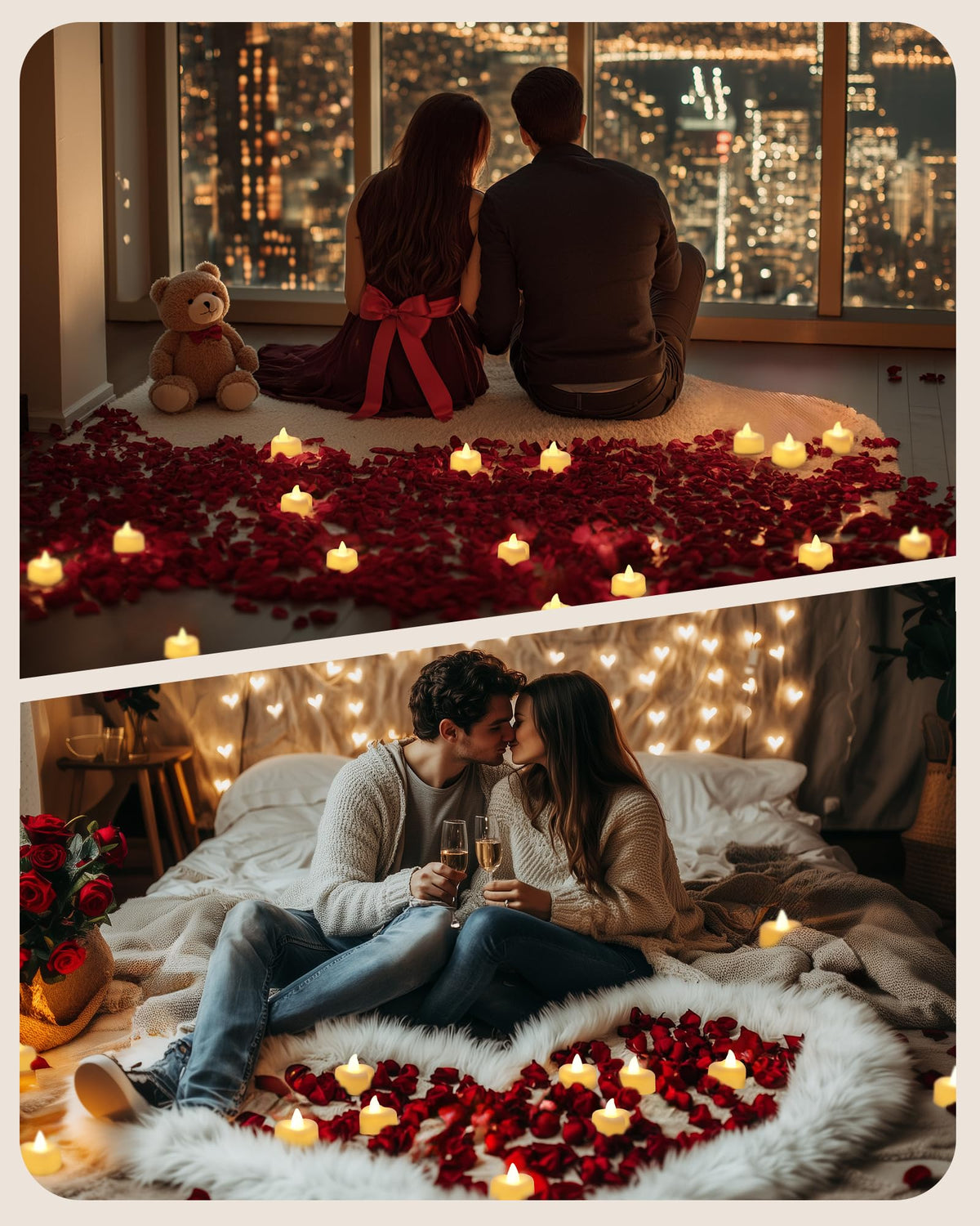 Amagic 1000 Pieces Artificial Rose Petals with 12 Heart LED Tea Lights Candles Kit, Rose Petals and Candles Set for Proposal, Anniversary, Valentine's Day, Special Romantic Night, Wedding Table Decor