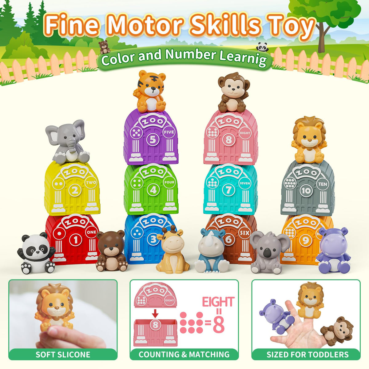 Learning Toy for Toddlers 1 2 3 Year Old, Montessori Educational Counting, Matching & Sorting Sensory Toys, 10 Safari Animals & 10 Zoos, Birthday Easter Gift for Baby Boy Girl Age 12-18 Months