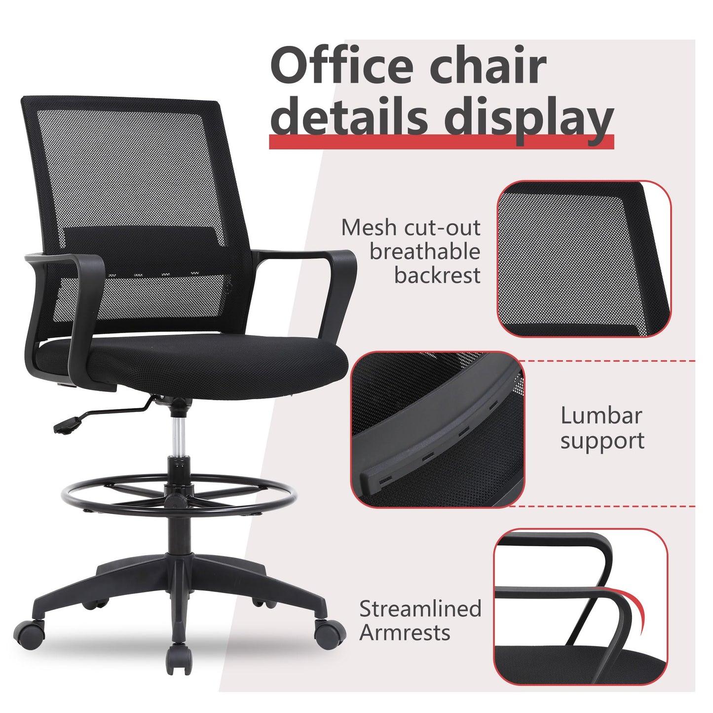 BestOffice Drafting Chair Tall Office Chair Adjustable Swivel Rolling Mesh Height with Lumbar Support Arms Footrest Mid Back for Adults Standing Desk Drafting Stool(Black)