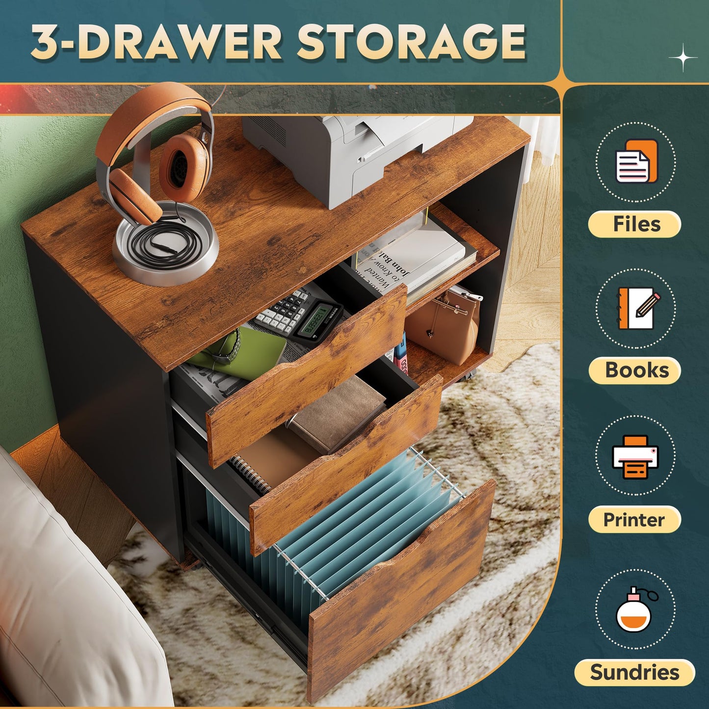 DEVAISE 3-Drawer Wood File Cabinet, Mobile Lateral Filing Cabinet, Printer Stand with Open Storage Shelves for Home Office, Rustic Brown