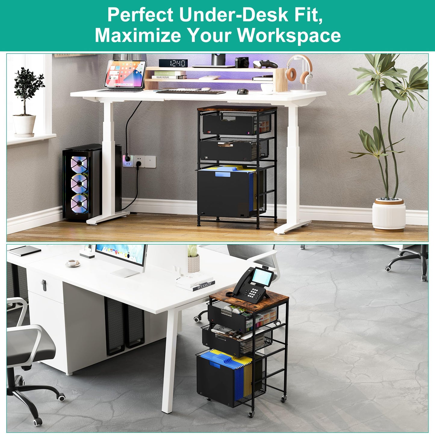 Solinxe 3-Drawer Storage Organizer, Under Desk Rolling File Cart with Lockable Wheels, Hanging File Folder Organizer for Letter Size, Utility Craft Cart Filing Cabinet for Home Office,Black