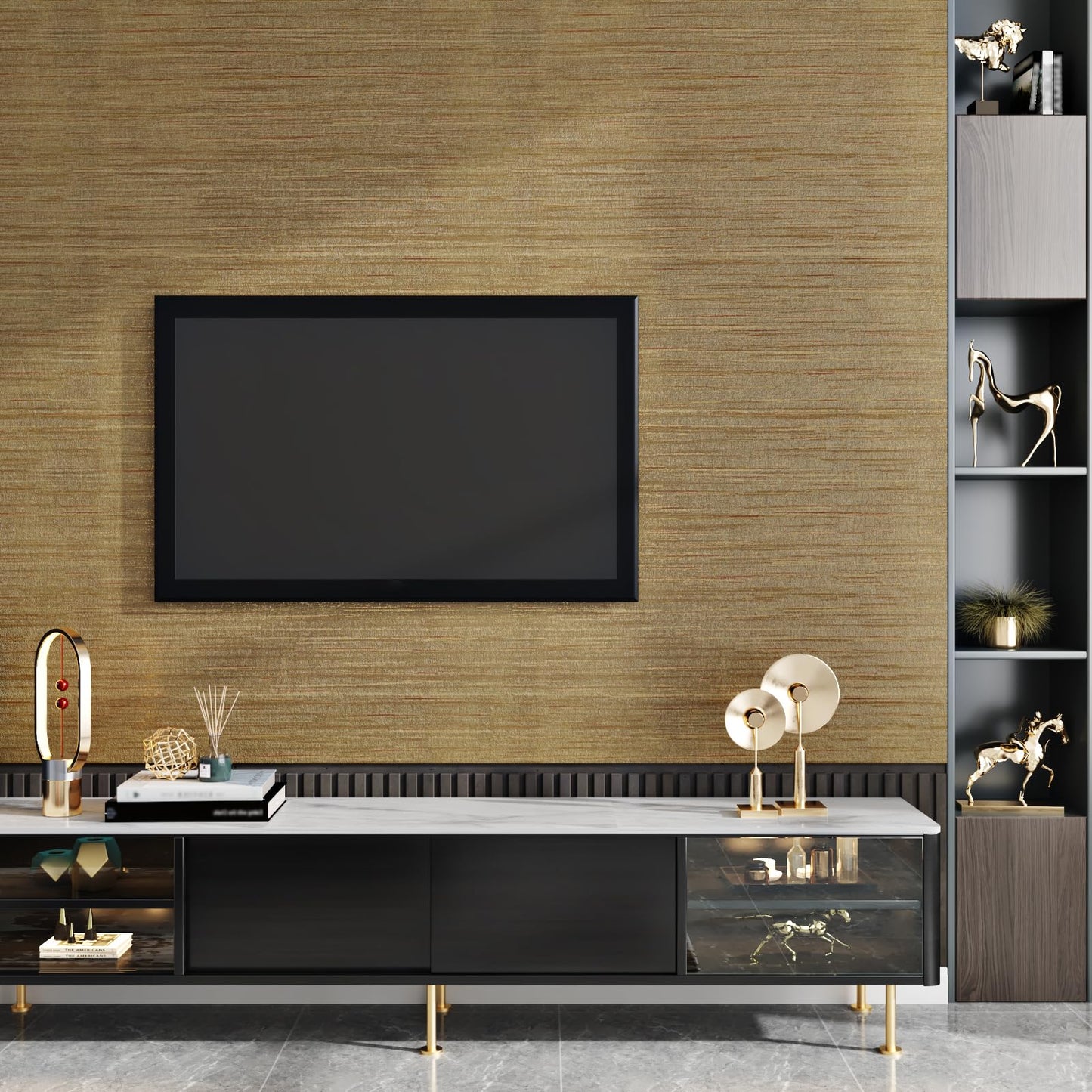 STICKEEP Brown Gold Grasscloth Wallpaper Textured Peel and Stick Fabric Wallpaper Gold Contact Paper 17.7"x315" Luxury Golden Grasscloth Vinyl Wall Paper for Bathroom Bedroom Living Room Wall Decor