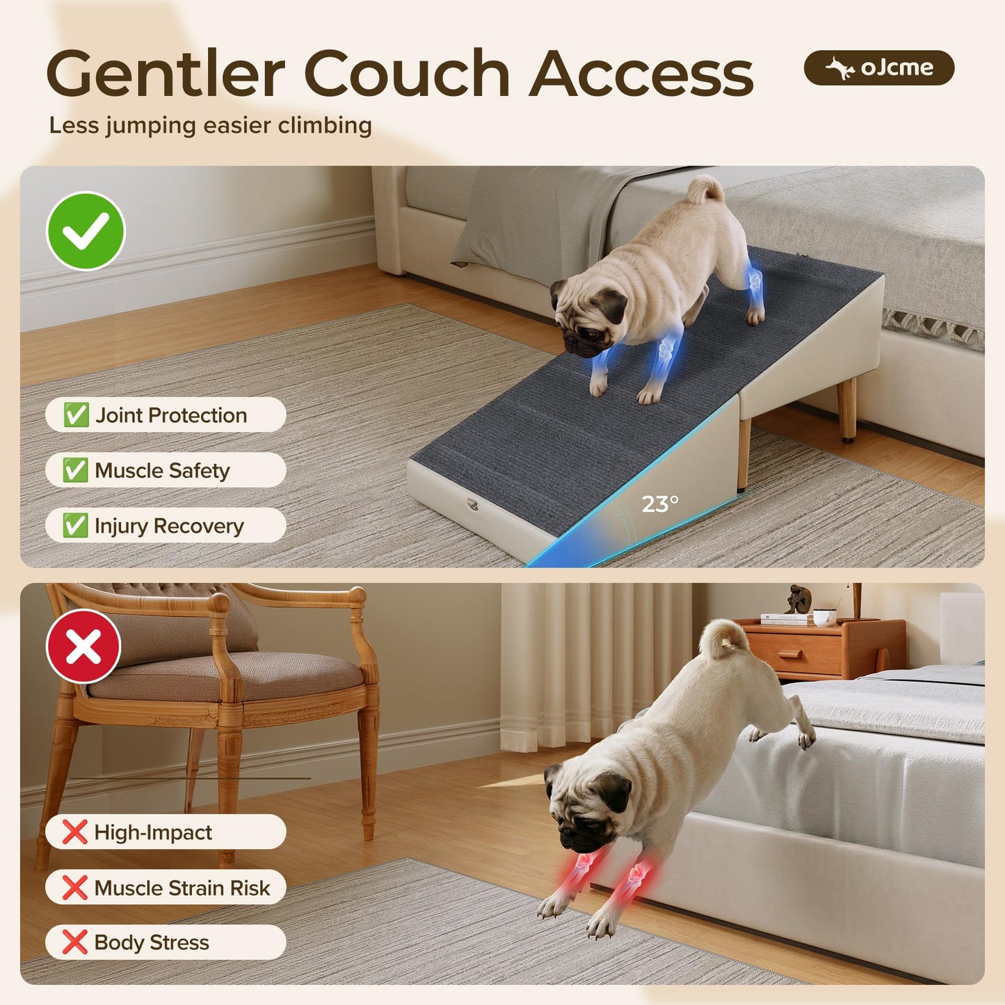OJCME 2 in 1 Ottoman Dog Ramp with 6 Fabric-Covered Anti-Slip Grip Rails, Paw-Friendly Full Fabric Surface, 15.7 in Wide Stable Folding Pet Ramp Stool for Couch Bed, 4 Leveling Feet, 150 lb Capacity