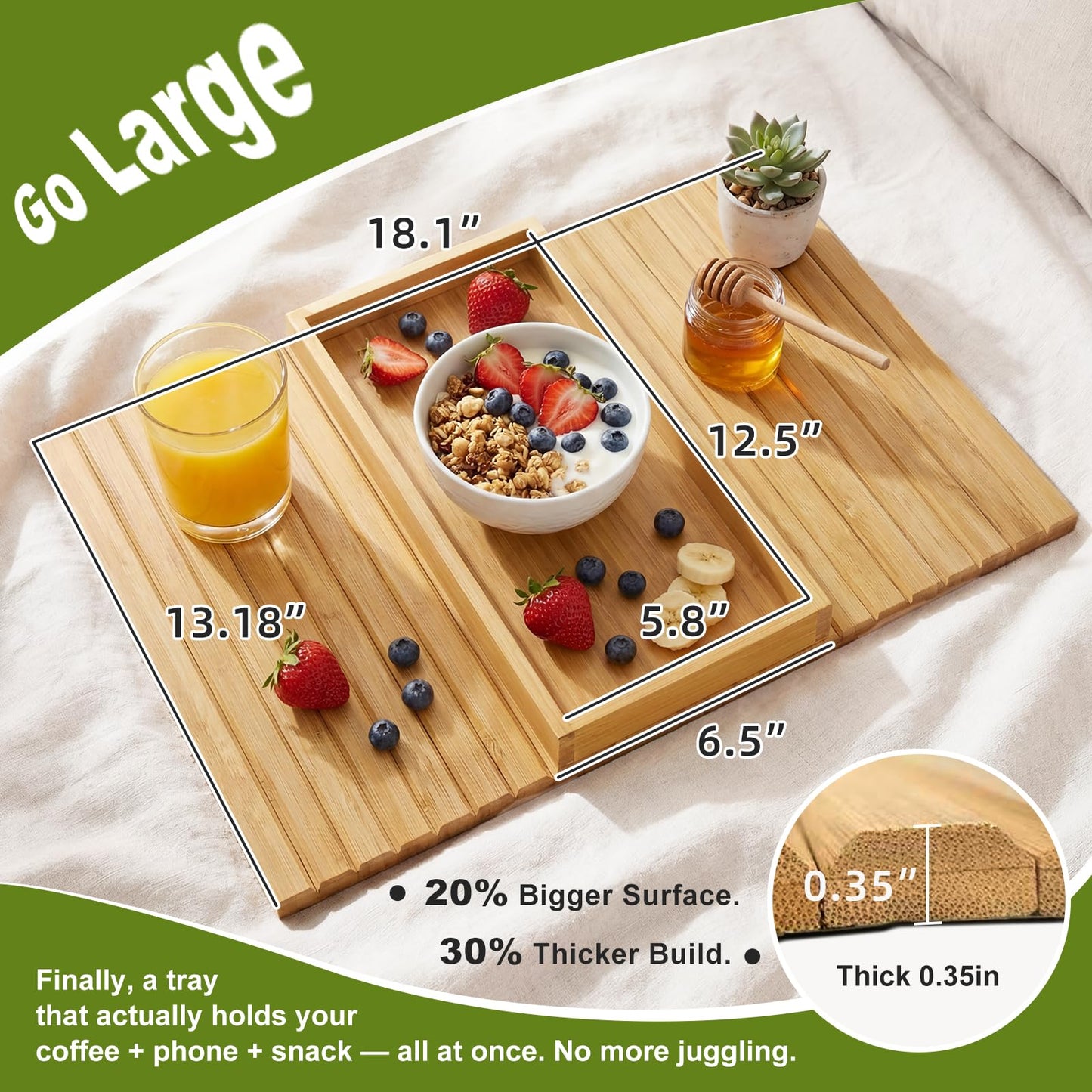 B-Zefyrn Sofa Arm Tray, Foldable Bamboo Couch Armrest Table with Large 12.5" x 5.8" Storage Compartment, Portable Chair Couch Caddy Arm Tray for Cup TV Snacks Phone
