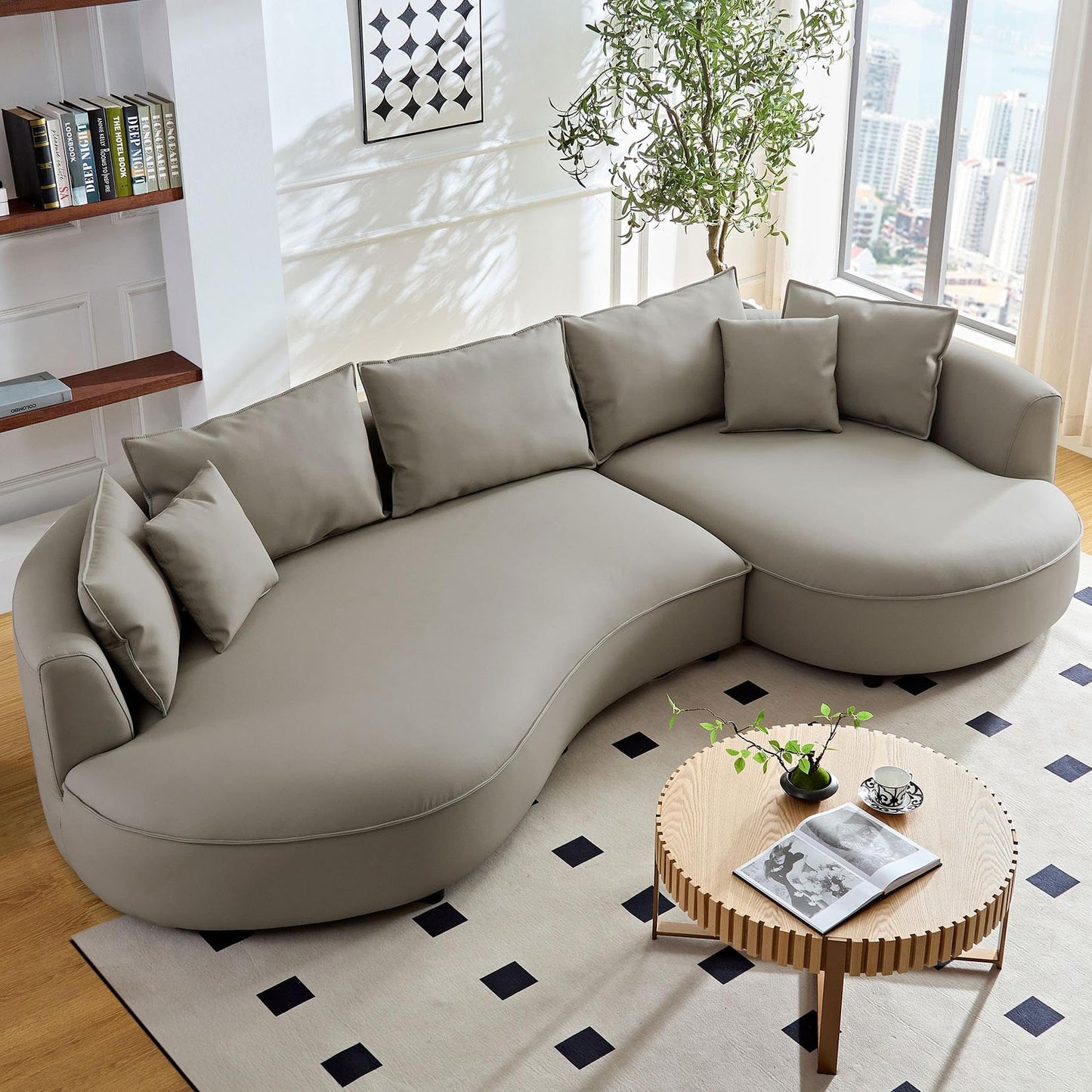 BBTJOINT Modern Curved Sectional for Living Room,Minimalist Design deep seat,Grey Bonded Leather Upholstered,L Shape Round Couch, Modern semicircualr Sofa
