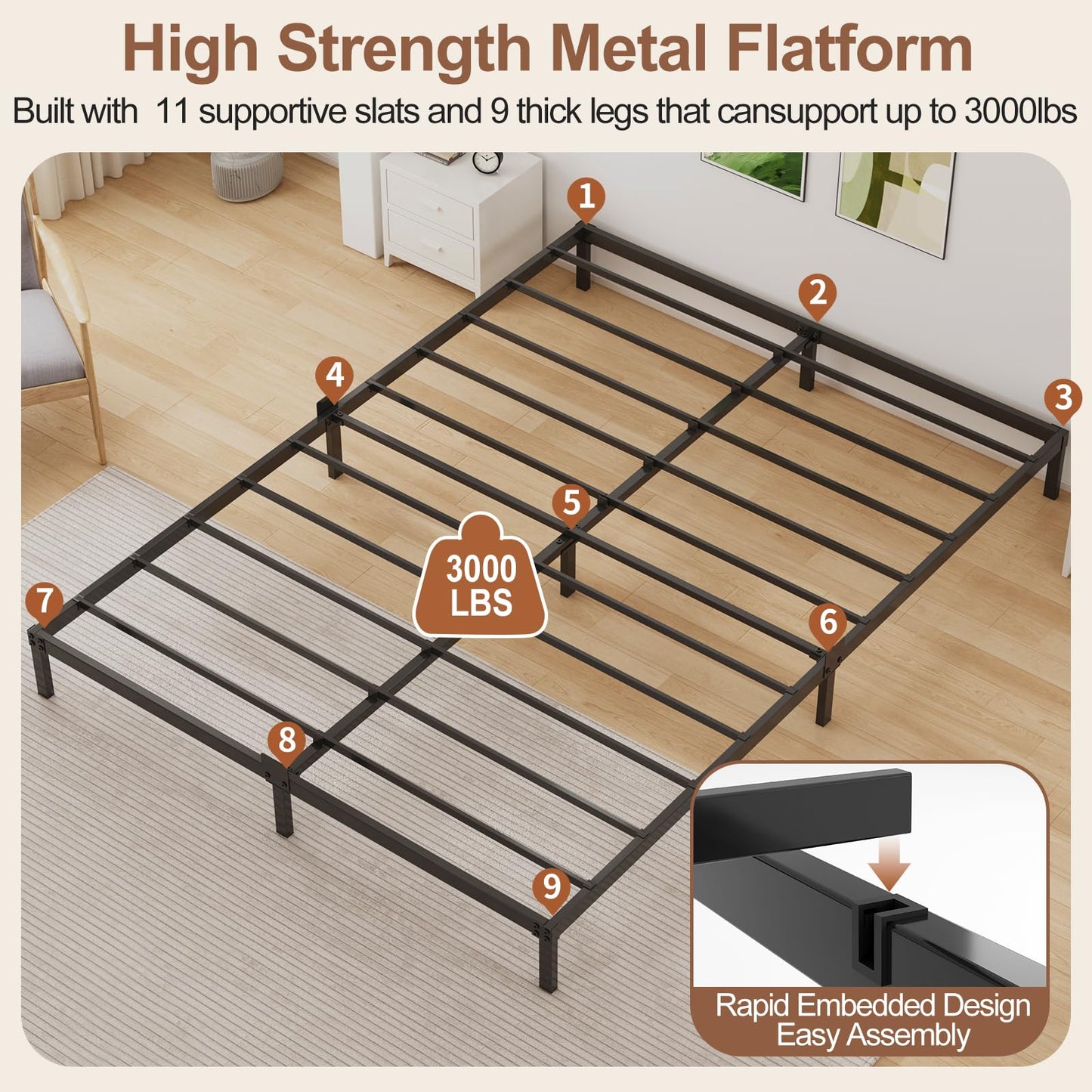 Samhapyrom 6 Inch Low Profile Full Size Bed Frame, Noise-Free Heavy Duty Metal Platform with Mattress Stopper, No Box Spring Needed, Easy Assembly Steel Support, Black