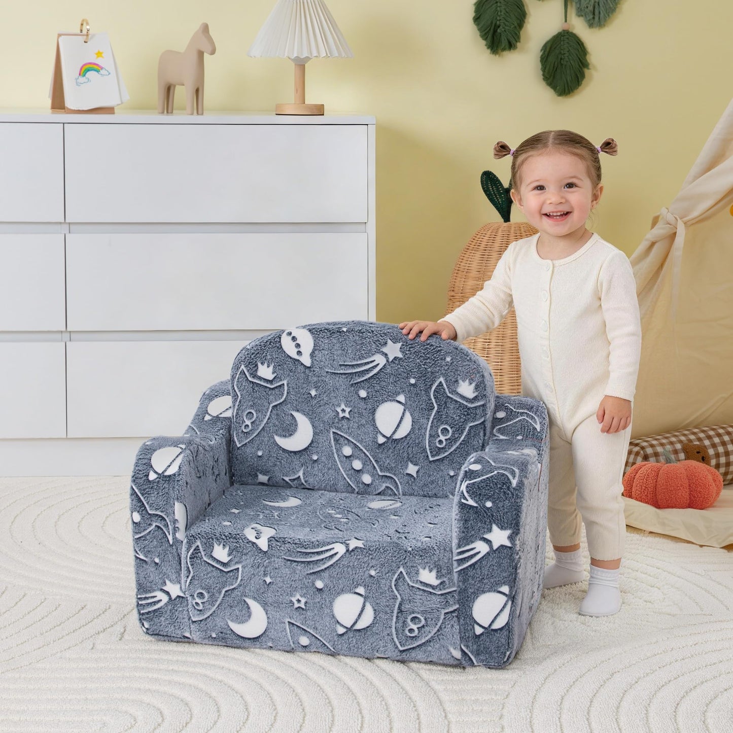 aodisman Thick Comfy Kids Chair and Couch, 2-in-1 Soft Foldable Plush Kids Sofa, Foam Seating for Reading and Play, Removable Washable Cover,Deep Blue Galaxy