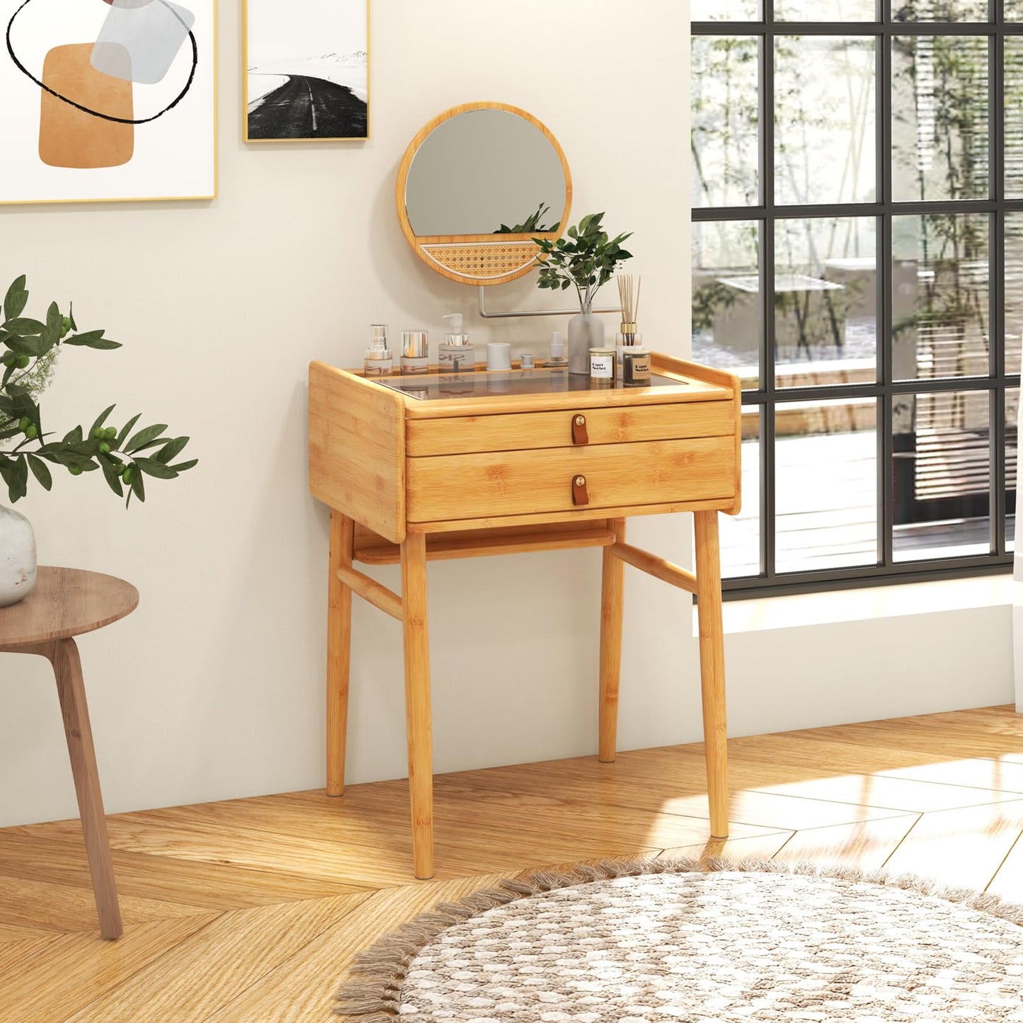 CHARMAID Makeup Vanity Table, Space-Saving Bamboo Vanity Desk with Rotating Mirror, 2 Drawers, Deep Storage Alcove, Tempered Glass Tabletop, Girls Dressing Table for Small Space Bedroom (Vanity Desk)