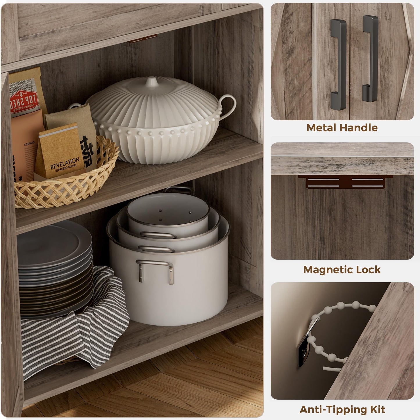 Homhedy Sideboard Buffet Cabinet, Coffee Bar Storage Cabinet with Drawers and Doors, Farmhouse Kitchen Cabinet with Adjustable Shelves, for Kitchen, Dining Room, Living Room, Greige