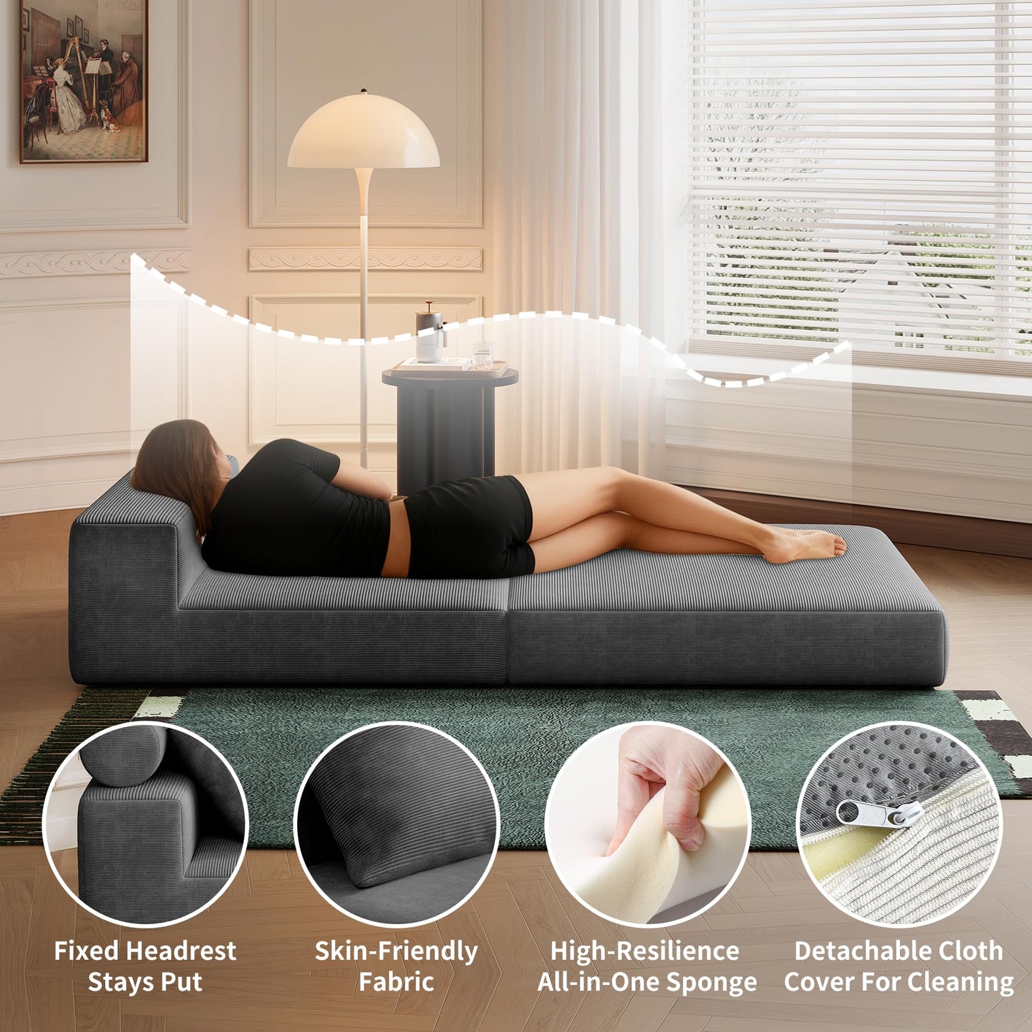 Lumbershed Folding Sofa Bed, 3-in-1 Convertible Sleeper Chair Bed with Pillows, Foldable Floor Couch with High-Density Foam, Futon Small Boneless Couch for Living Room Bedroom Lounge, Single, Gray