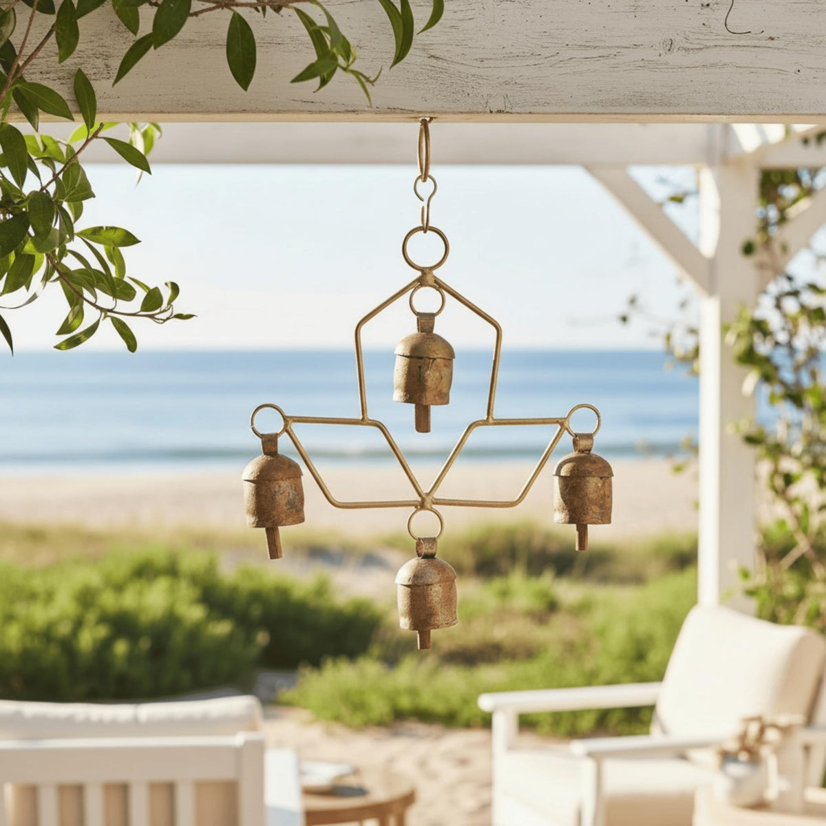 Handmade Wind Chime Bell – Rustic Hanging 4 Bell for Porch, Garden, Balcony, Christmas Decor – Farmhouse Jingle Bells, Witch Bells, Lucky Cow Bells, Boho Ornament Indoor Outdoor - 8 x 4 Inch