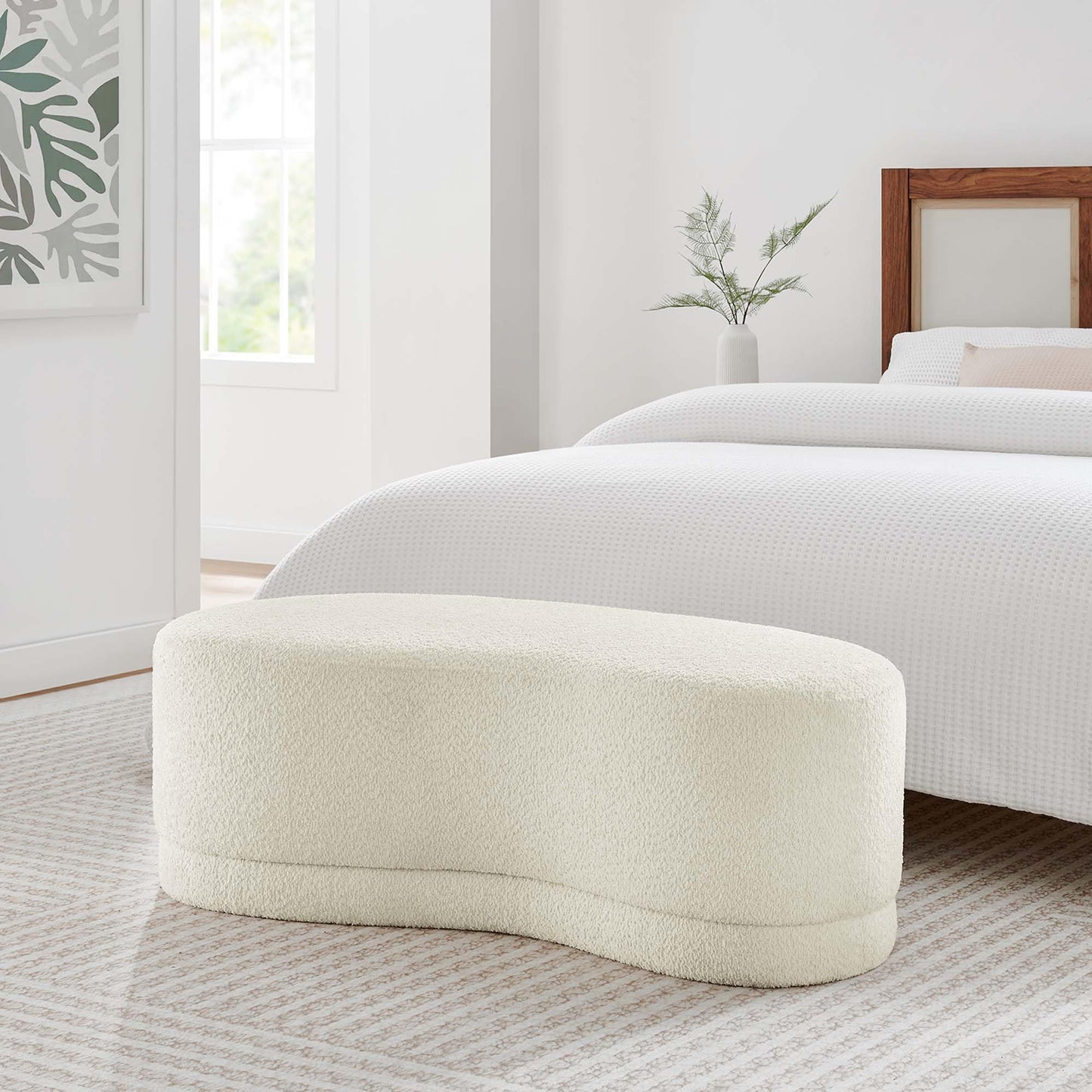 Modway Nimbus 48 Inch Curved Ottoman Bench in Cream - Soft Fabric Chenille Ottoman - Versatile Bedroom Bench - Bouclé Footstool - Upholstered Coffee Table - Bedroom and Living Room Furniture