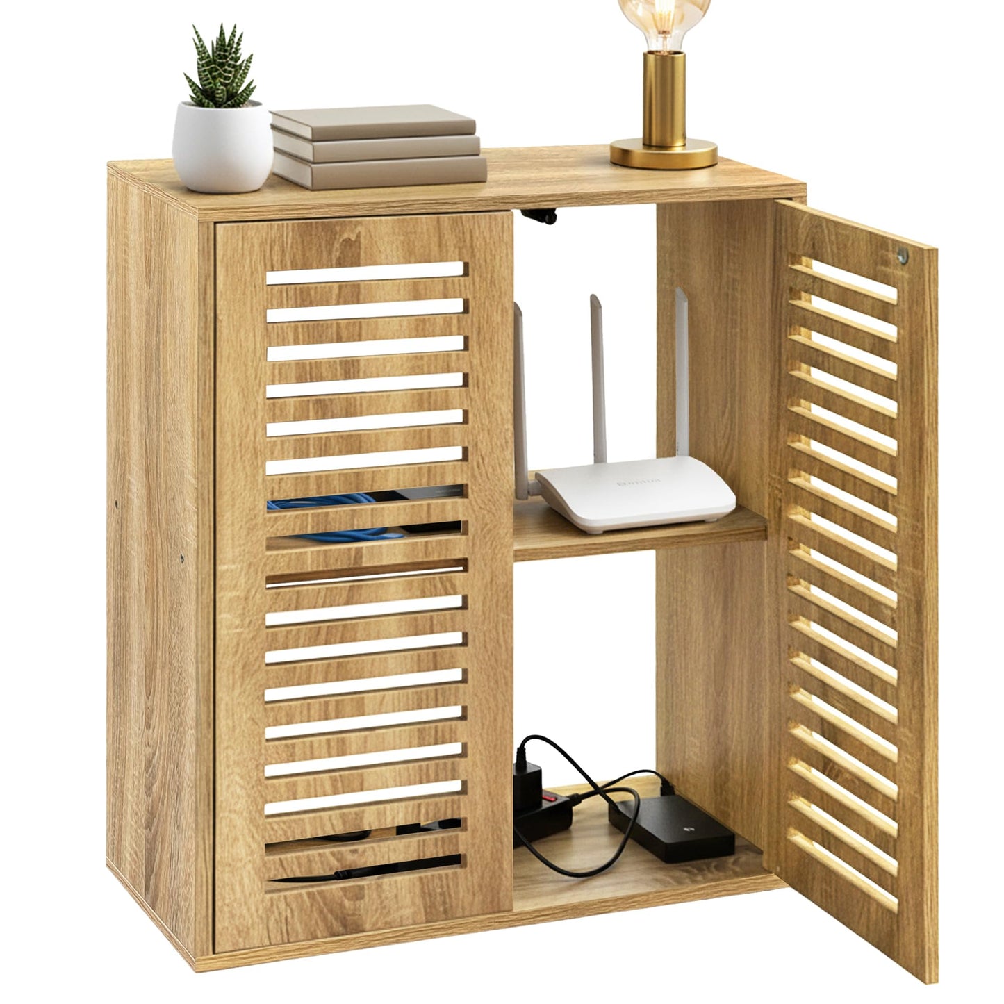 WiFi Router Storage Cabinet, Floor Standing Router Storage Box Modem, Multi-Functional Router Storage Box, Power Strip and Cable Management Hider Organizer for Living Room, Office, Bedroom, White Oak