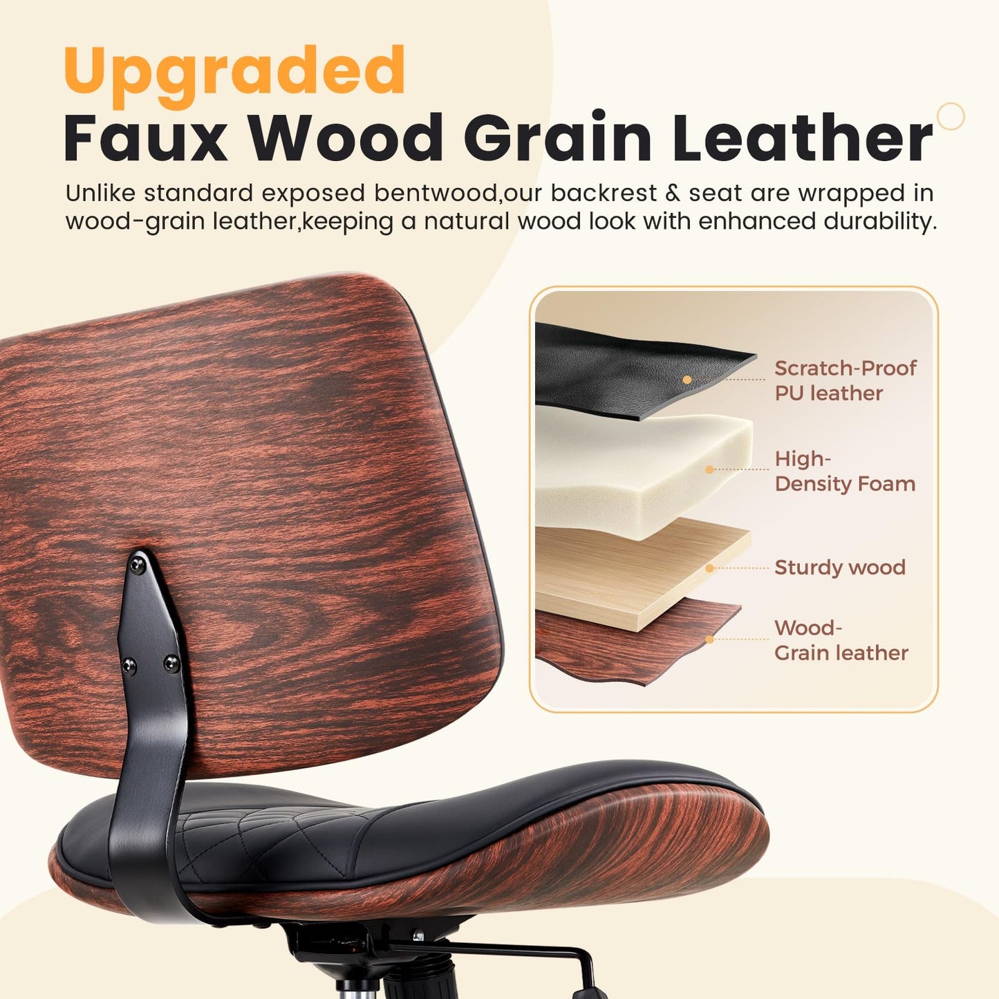 IWMH Home Office Chair Swivel Desk Chair with Wheel Small Computer Chair Armless Task Chair Modern Walnut PU Leather Backrest Rocking Function Adjustable Height, Study Reading Meeting Room (Black)