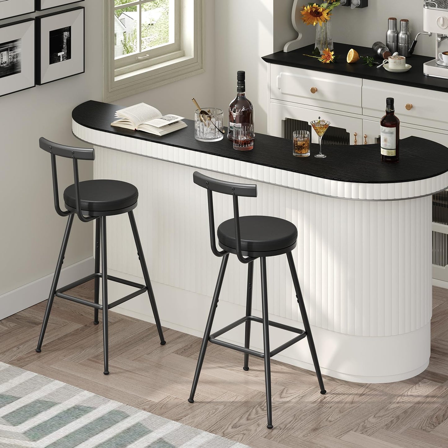 MAHANCRIS Bar Stools, Set of 2 PU Upholstered Bar Stools, Bar Chairs with Backrest and Footrest, Kitchen Stools with Adjustable Feet, Comfort PU Seat for Home Bar, Kitchen Island, Black BABK60R01
