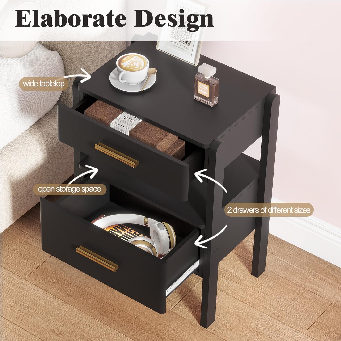 Tltaroni Nightstand with 2 Drawers and Open Shelf Wooden Bedside Table Gold Handles Modern Storage Night Stand Sensor Light for Bedroom, Black