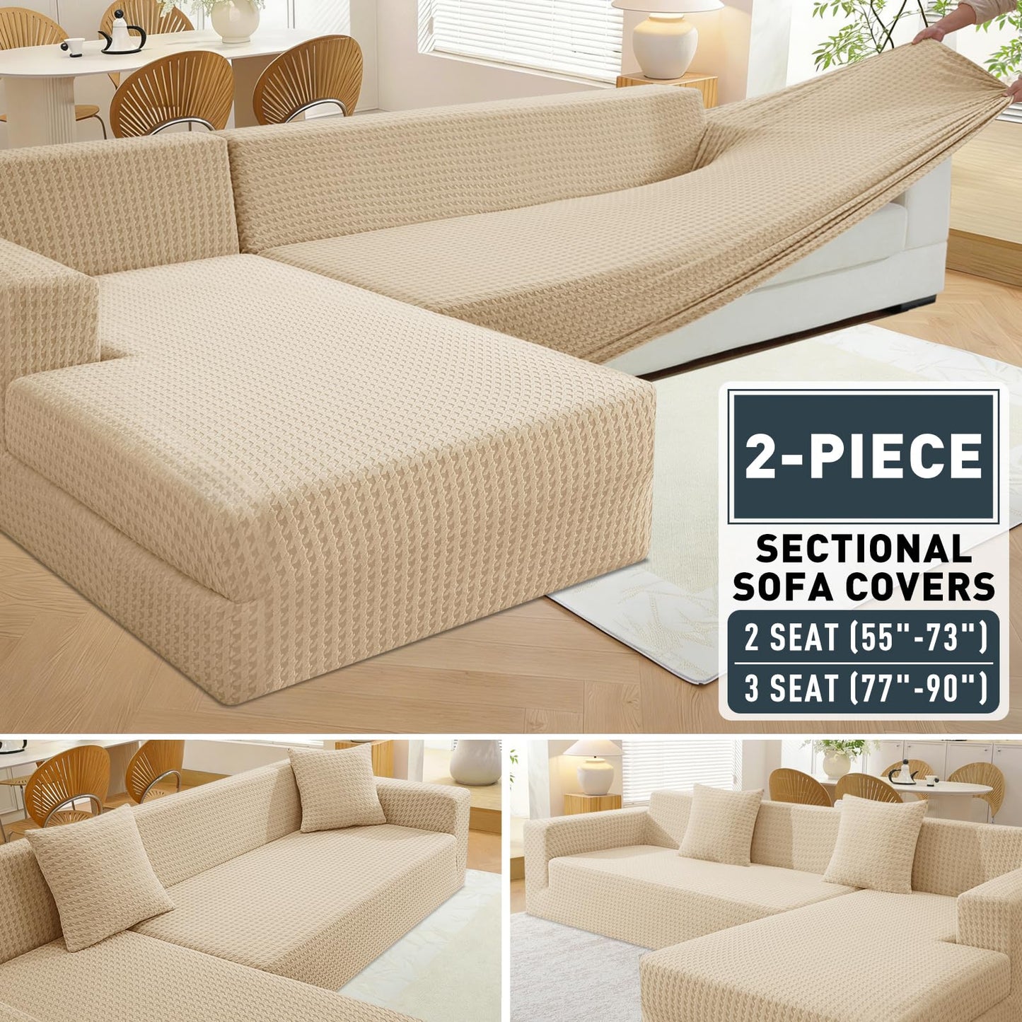 ZNSAYOTX Stretch Sectional Couch Covers New-Houndstooth Texture, Thick Slipcovers with Elastic Bottom for L Shape Sectional Sofa, 2 Pcs Pet Friendly Universal Protector (Chaise or Sofa), Khaki