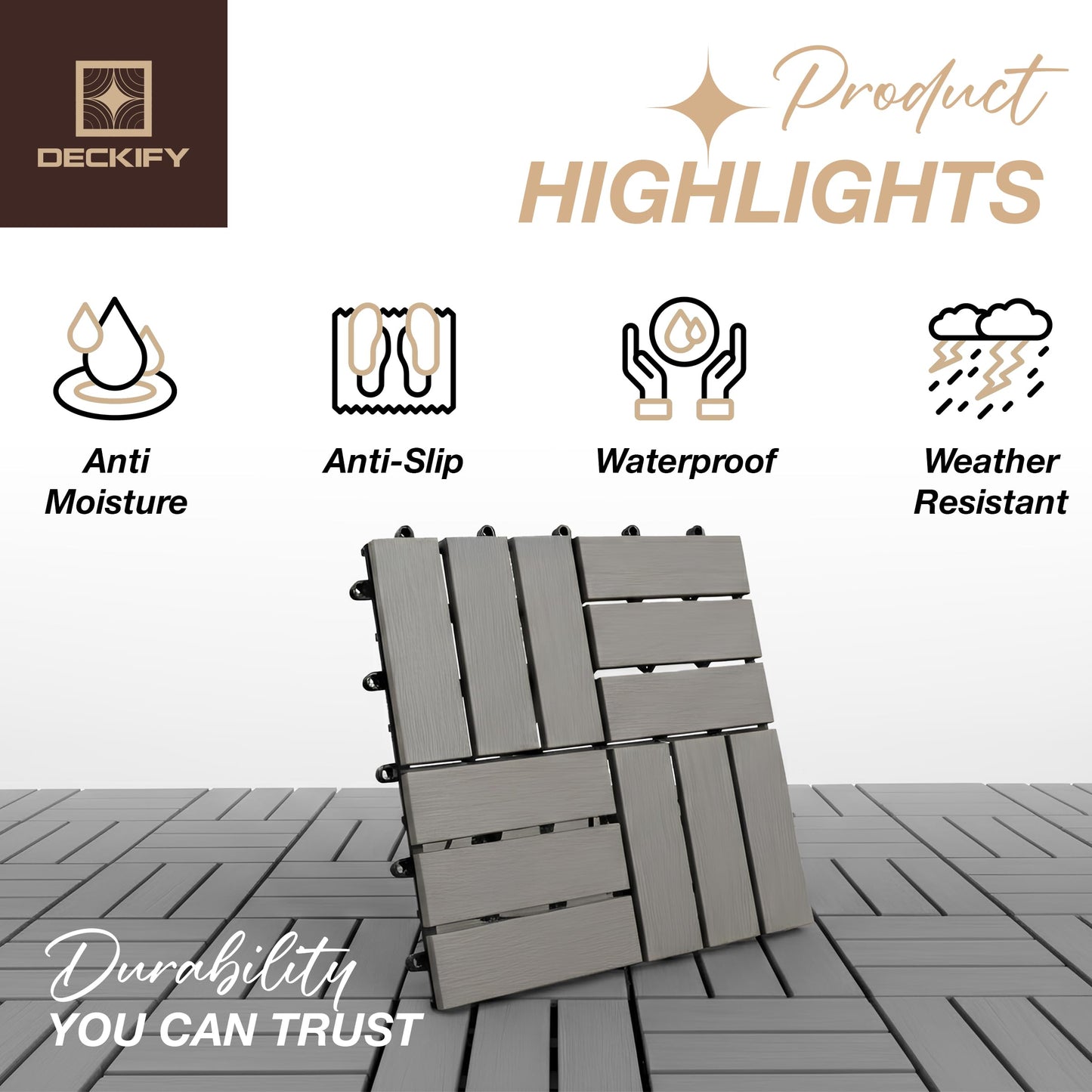 DECKIFY 9Pcs Premium Acacia Wood Interlocking Patio Deck Tiles, 12 x 12 x 0.9 Inch Outdoor Flooring, Waterproof for All-Weather Use – Crossed, Gray