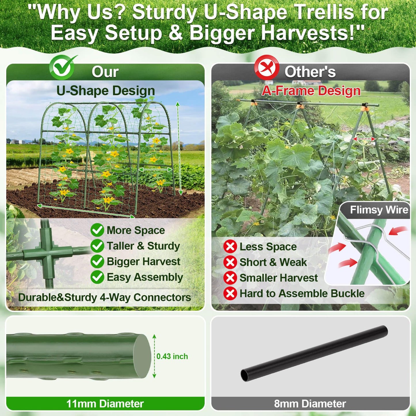 Cludoo Cucumber Trellis for Raised Bed Garden, U-Shape Arch Trellis for Climbing Plants Outdoor, Metal Vegetables Trellis with Netting, Garden Trellis for Cucumber Plants Sweet Pea Bean Grape