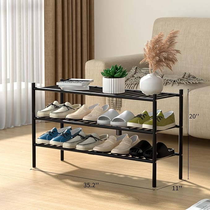 ROMGUAR CRAFT 3-Tier Bamboo Long Shoe Rack, Free Standing Wood Shoe Shelf