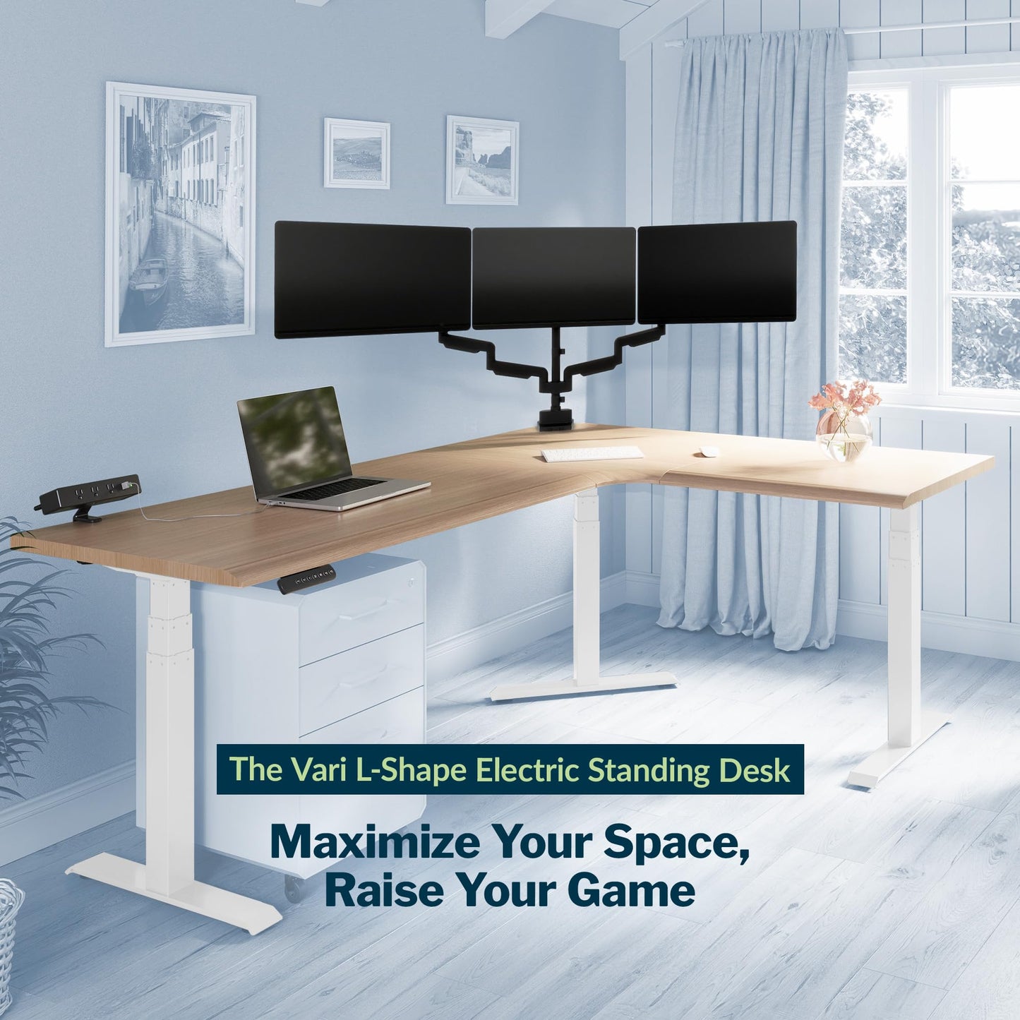 Vari ComfortEdge 80x60 L-Shape Electric Standing Desk – Height Adjustable Sit-Stand VariDesk for Corner Office with Reversible Left/Right Design + Light Wood/White Legs (Ships in 3 Boxes)