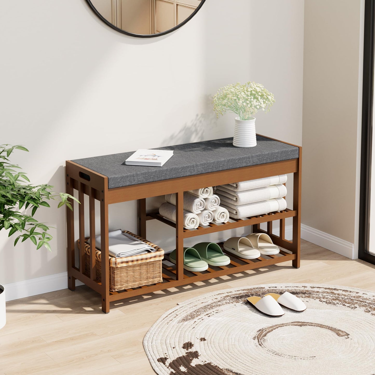 bambooflow Shoe Rack Bench with Cushion,2 Tiers Shoe Bench with Flip-Top Storage,Wood Shoe Rack for Entryway, Hallway, Bedroom, Front Door Entrance (Brown)