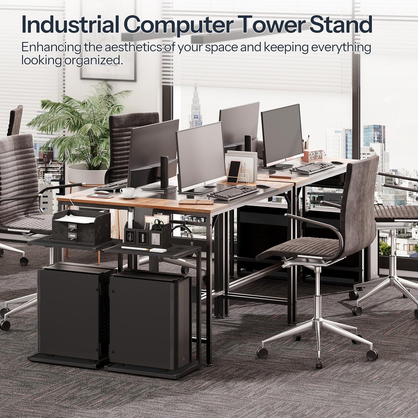 HOOBRO Computer Tower Stand, PC Stand with Charging Station, 2-Tier Under Desk CPU Holder with Lockable Wheels, PC Floor Cart Fits Most Computer Towers, for Home Office, Black BB01UCJ01G1
