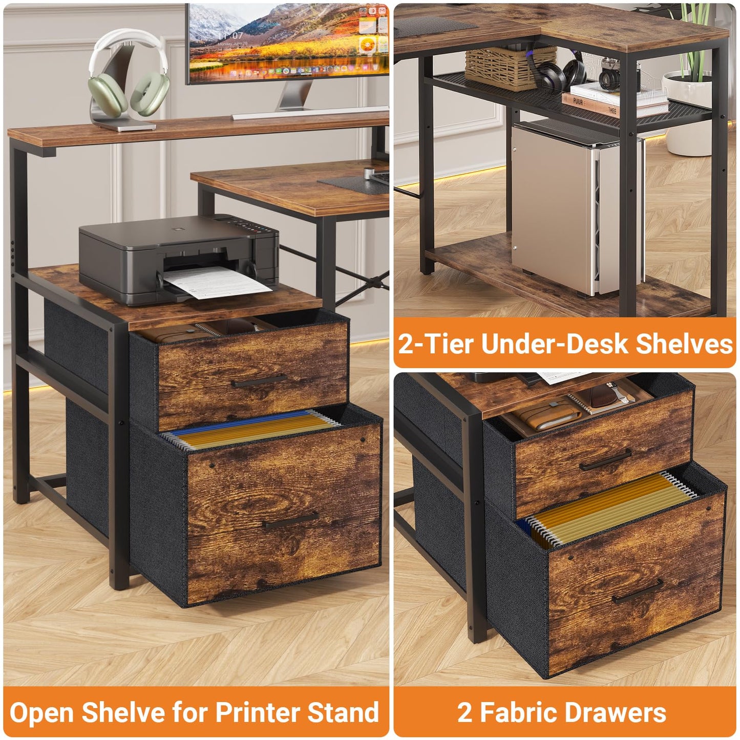 Aheaplus L Shaped Desk with File Drawer, Reversible L Shaped Computer Desk Gaming Desk with Power Outlet & LED Strip, Home Office Desk Corner Desk with Monitor Shelf, Storage Shelves, Rustic Brown