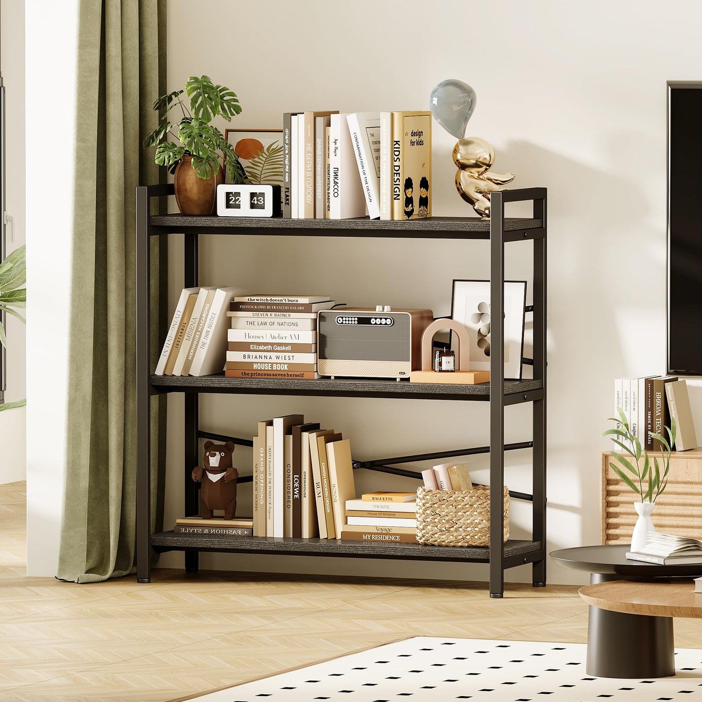 Book Shelf, 3 Tier Bookshelf 31.49" Width, Book Shelf Storage and Organization, Wooden and Metal Industrial Bookcase, Large Book Shelves for Home Living Room Bedroom Office Storage(Grey)