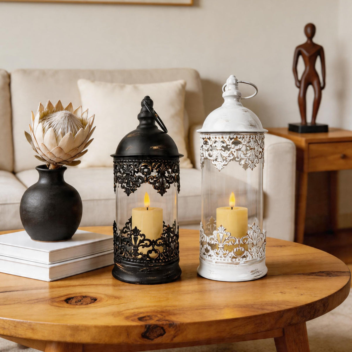 HiSnug Candlestick Holders with Flameless Candles - Gothic Vintage Hurricane Candle Holder, Portable Wind Lamp Barn Lantern Suspended Candleholders for Table Shelf Balcony Eaves, 2PCS, S+L, White