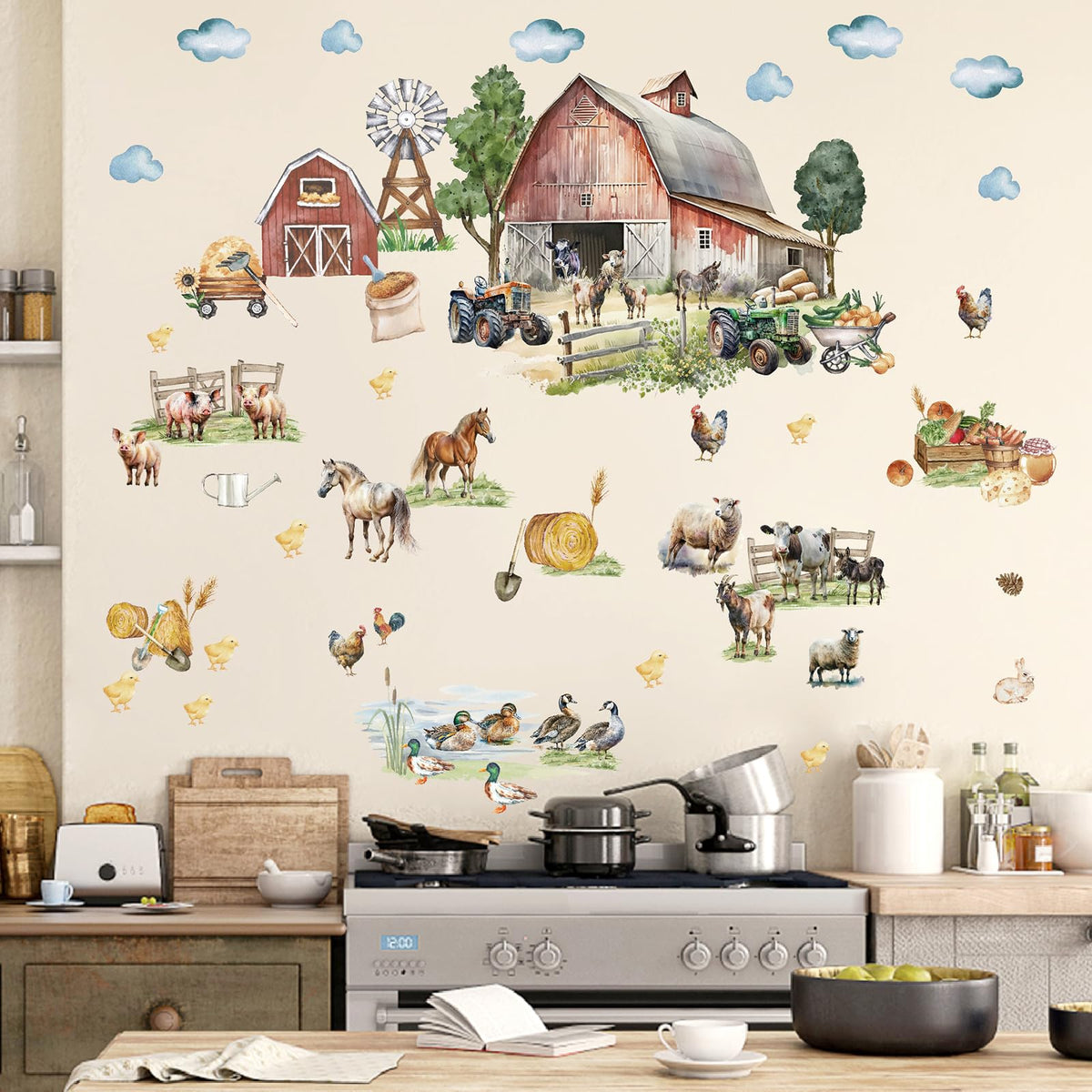 Large Farm Animal Wall Decals Peel and Stick Funny Animal Wall Stickers Farmhouse Decoration Sheep Chicken Rooster Duck Horse Pig Cow Cute Farm Wall Stickers for Kids Room Playroom Kitchen Decor
