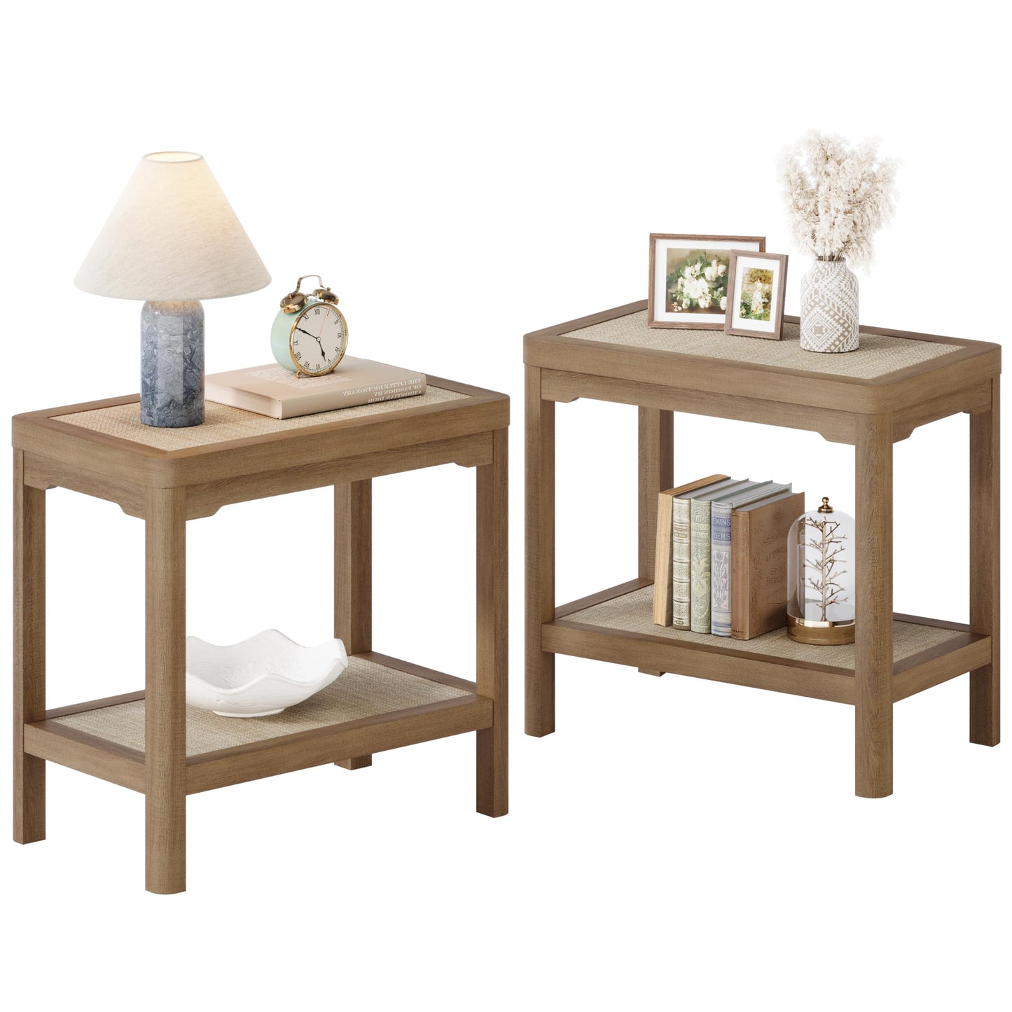 Eclatara Night Stand Set of 2, Farmhouse End Table with 2 Tier Boho Rattan Shelves, Side Tables with Round Edge Design, Ultra-Thick Legs Bedside Nightstand for Bedroom, Caramel Oak