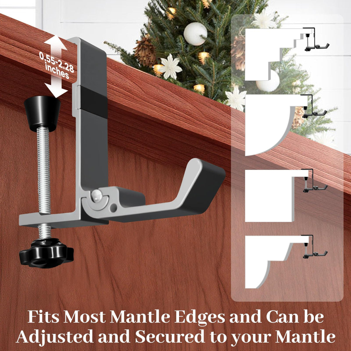 4-Pack Christmas Mantel Stocking and Wreath Hangers, 2 in 1 Mantel Wreath Holder for Hanging Christmas Stockings, No Drilling Required, Adjustable Thickness Wreath and Stocking Holder,Fold(Gray)