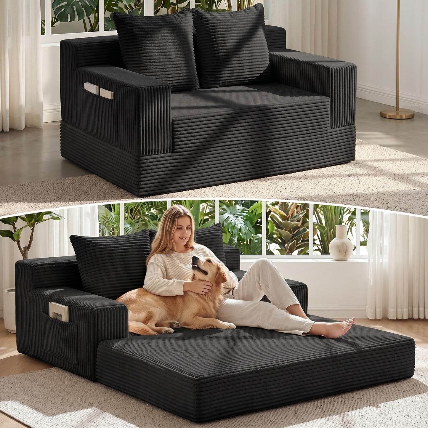 Convertible Sofa Bed,Small Boneless Couch & Boneless Loveseat,Pull Out Couch Bed for Small Spaces,Premium Luxe Corduroy Folding Floor Futon Sleeper with Side Pocket & 2 Pillows, No Assembly Required