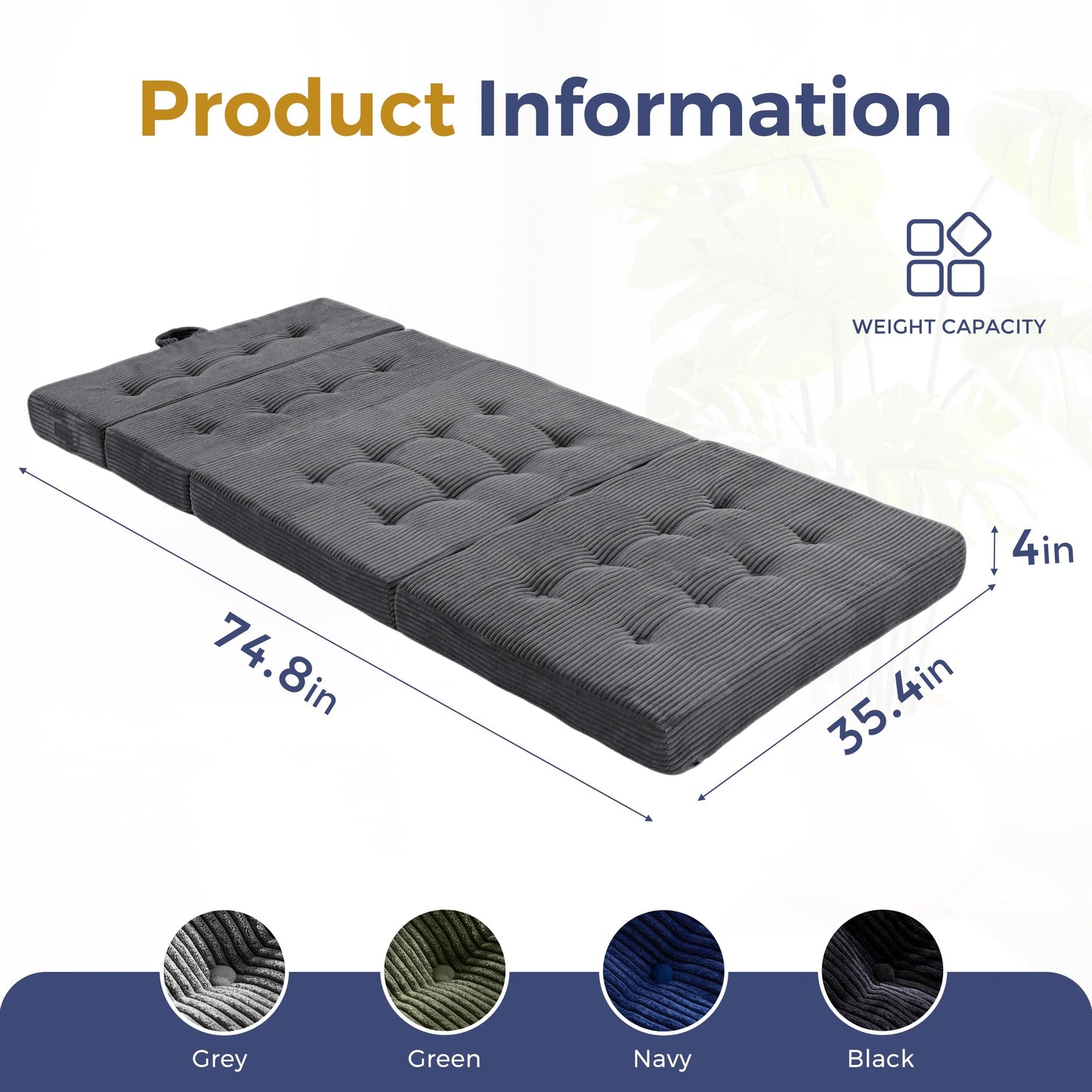 MAXYOYO Foldable Sofa Couch Bed, 4 Inch Tufted Folding Couch, Portable Floor Couch with Handles Guest Bed Topper Portable Camping Mat with Corded Fabric, Twin Size, Dark Grey