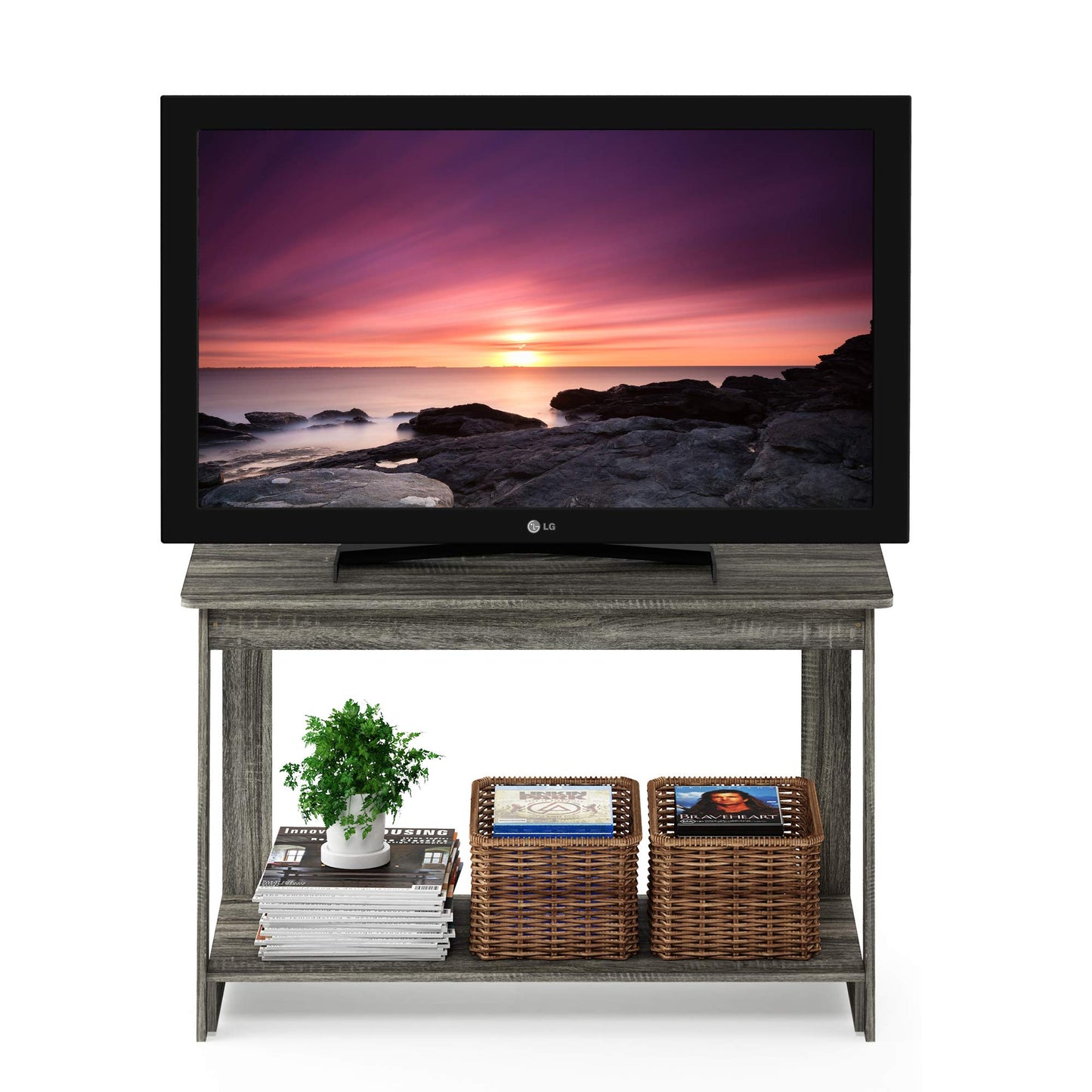 Furinno BEGINNING TV Stand, 2-Tier Rectangular Entertainment Center with Open Shelf, TV Console for TV up to 36 Inch, Open Back, for Living Room, Bedroom, French Oak
