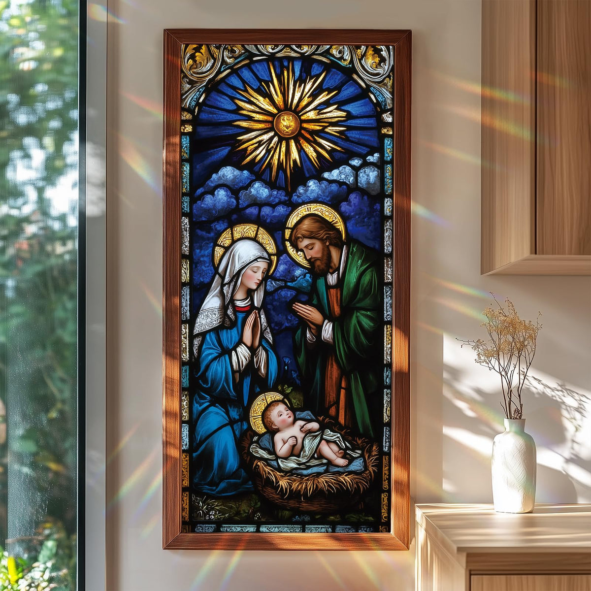 Window Film 17.3 x 39.3 Inch Christmas Nativity Scene Privacy Glass Sticker Stained Glass Style Decorative Window Covering with Holy Family Baby Jesus Self Adhesive Removable for Holiday