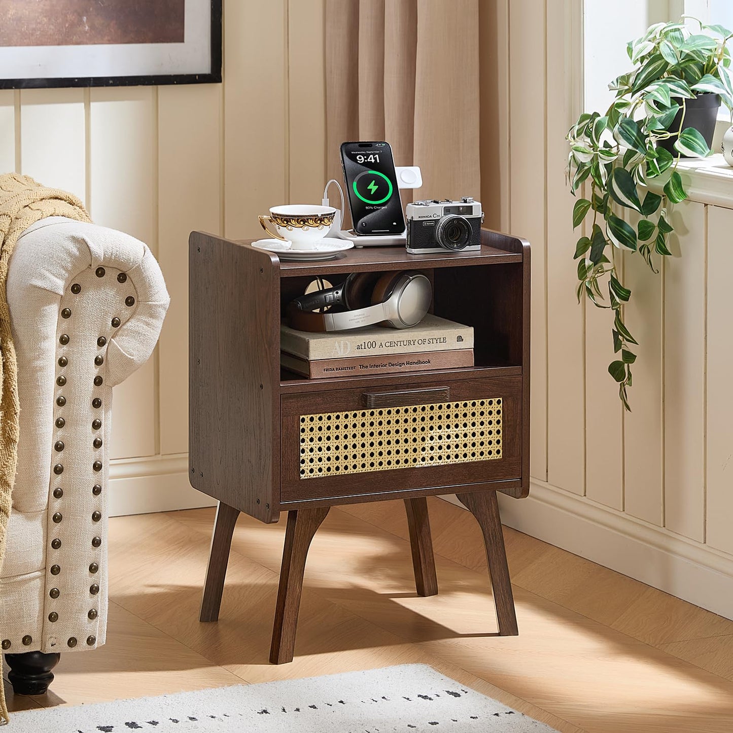 Lerliuo Rattan Nightstand with Charging Station, Walnut Bedside Table with Drawer Open Shelf, Cane Accent Side End Table with Solid Wood Legs, Night Stand for Bedroom, Dorm and Small Spaces