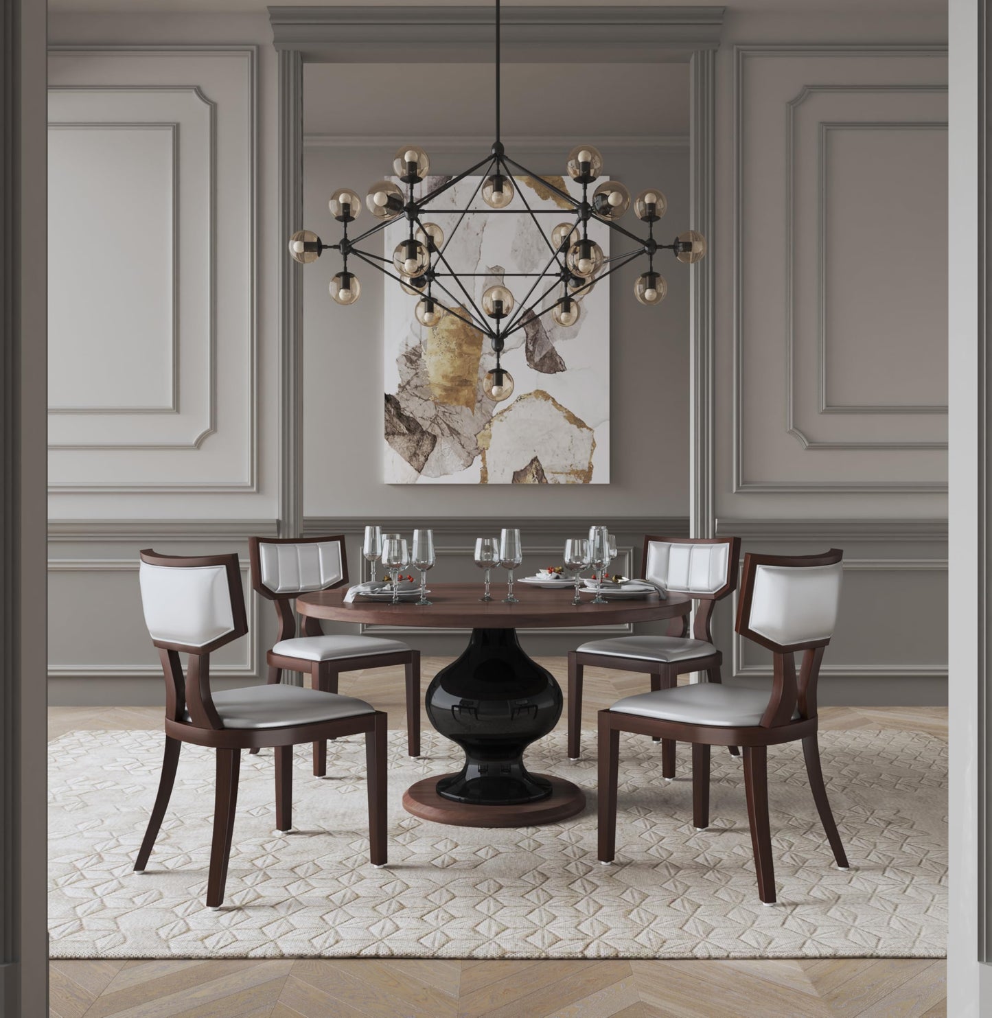 Manhattan Comfort Pulitzer Faux Leather Dining Chairs Set of 2, Solid Beech Wood with Walnut Finish, Iconic Greek Design, Fully Assembled Accent Kitchen Furniture, Silver
