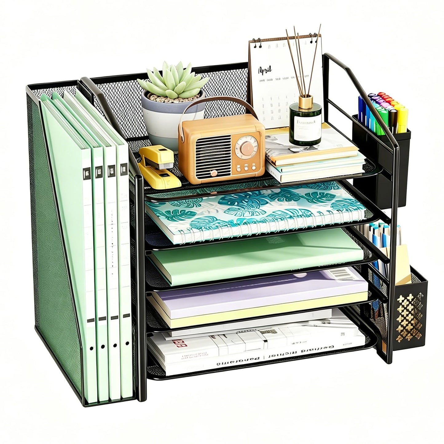 Simple Trending Desk Organizers and Accessories, 5-Tier Desk File Organizer, Paper Letter Tray Organizer with File Holder and Pen Container, Black