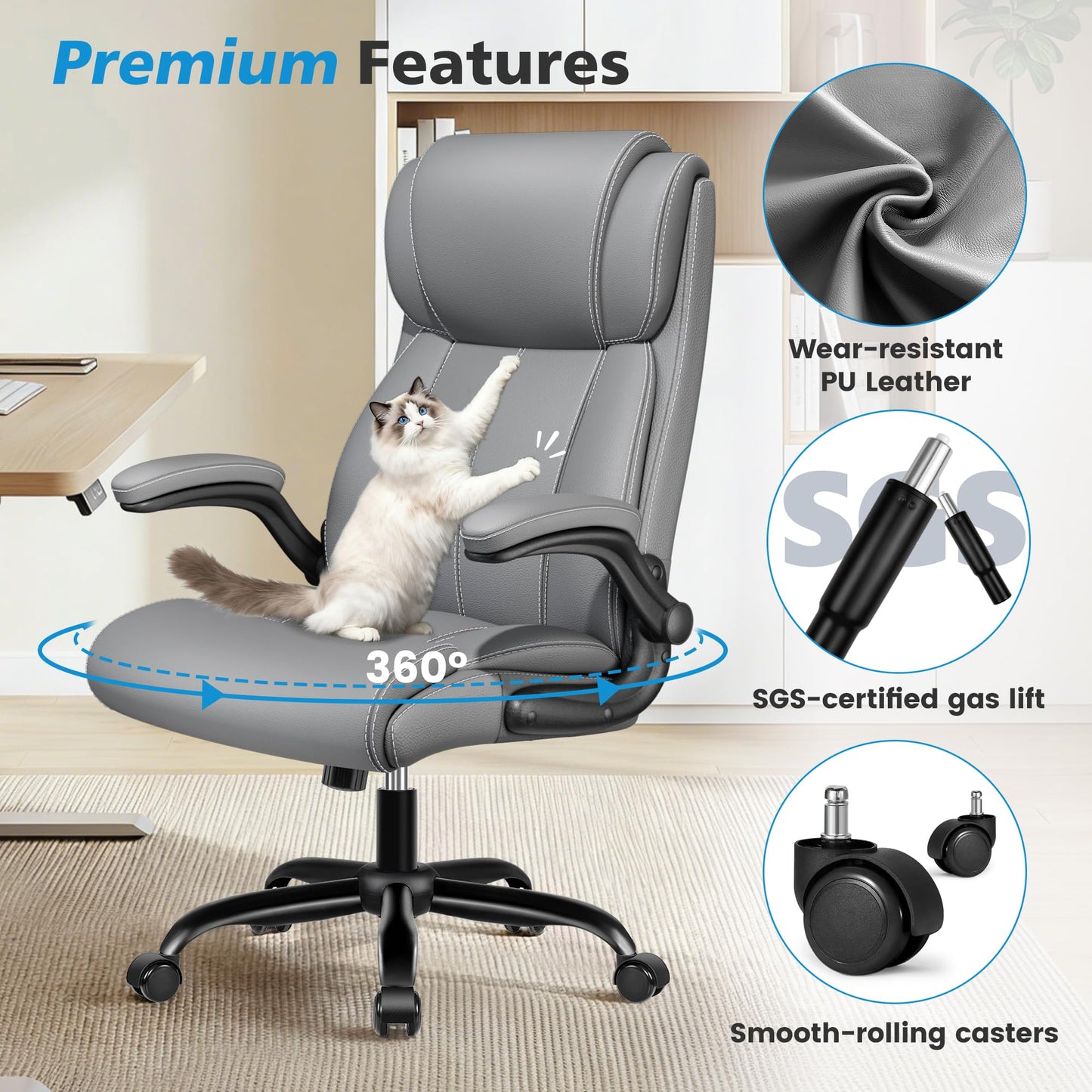 Stella Mia Ergonomic Office Chair – High Back Computer Desk Chair with Inflatable Lumbar Support & Flip-Up Arms, Heavy Duty PU Leather Executive Chair, Wide Seat, Long Hours, Light Gray